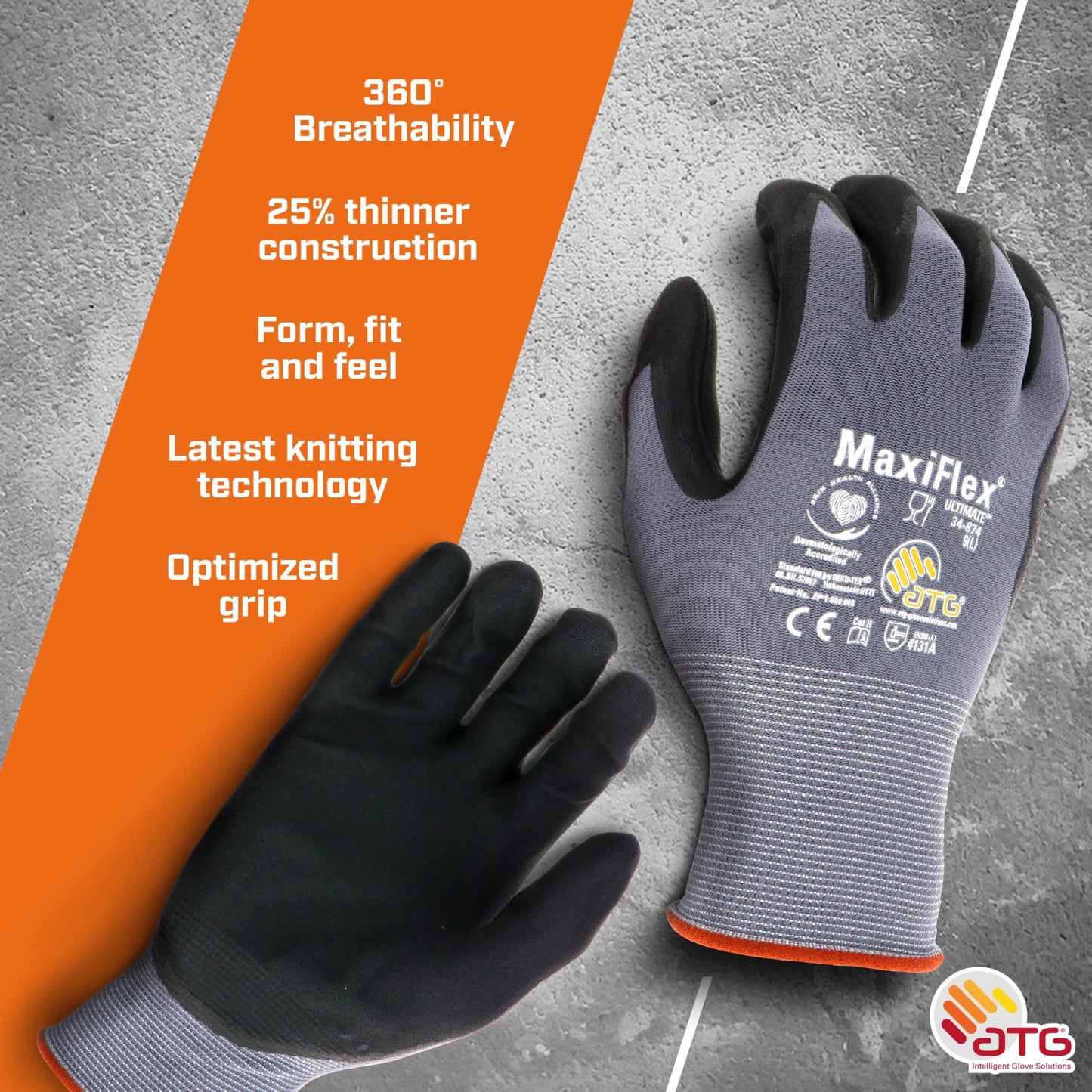 ATG 34-874T/S Maxiflex Ultimate, 15G Gray Nylon Shell, Black Nitrile Grip, Tagged Gray S