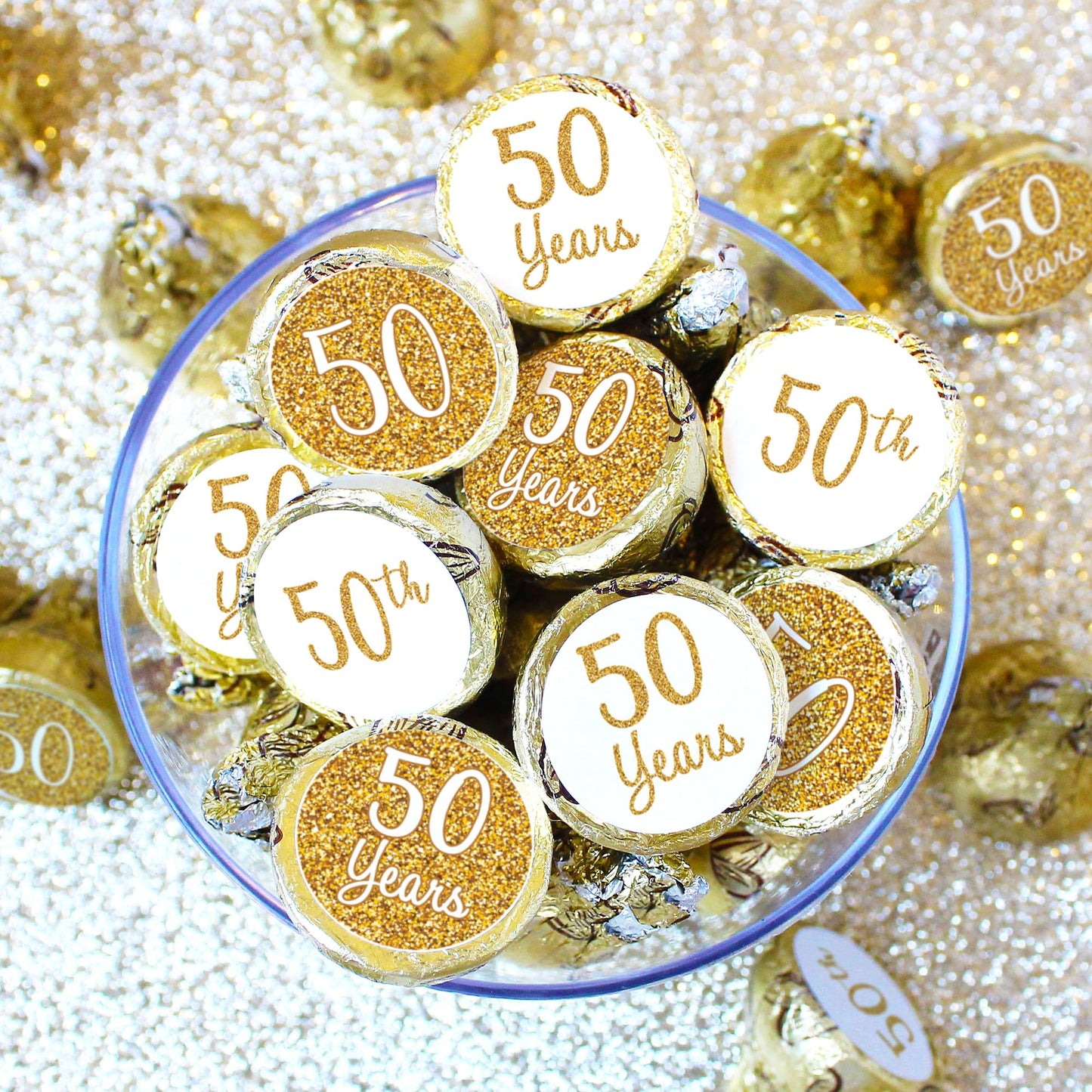 DISTINCTIVS Gold 50th Anniversary Kiss Stickers - 180 Count - 4 Unique Designs - Wedding and Business Anniversary Party Favors