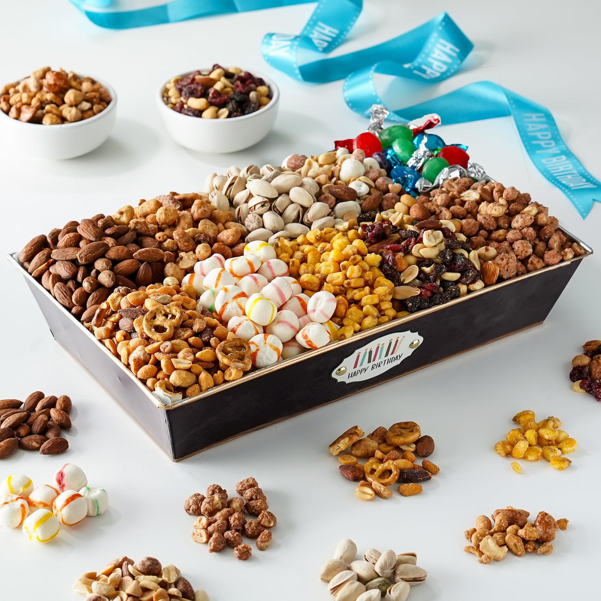 Broadway Basketeers Birthday Nuts Gift Basket - Premium Healthy Assorted 10 Gourmet Nuts & Trail Mix Snacks Basket - Happy Birthday Gifts for Men