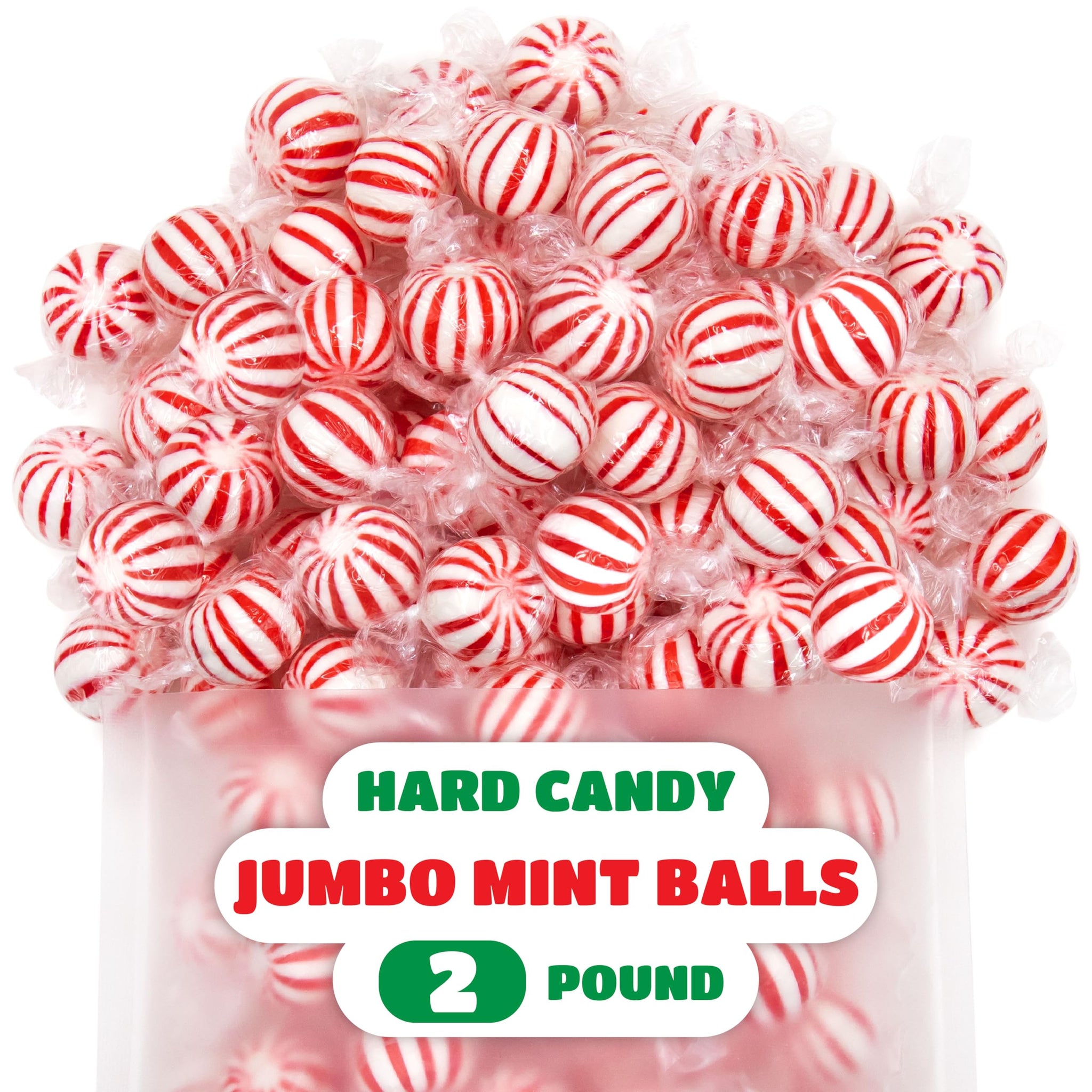Jumbo Mint Balls - 2 Pound Bulk Pack - 90 Count - Peppermint Hard Candy Individually Wrapped - Classic Peppermint Candy for Jars, Gifting, and Holiday