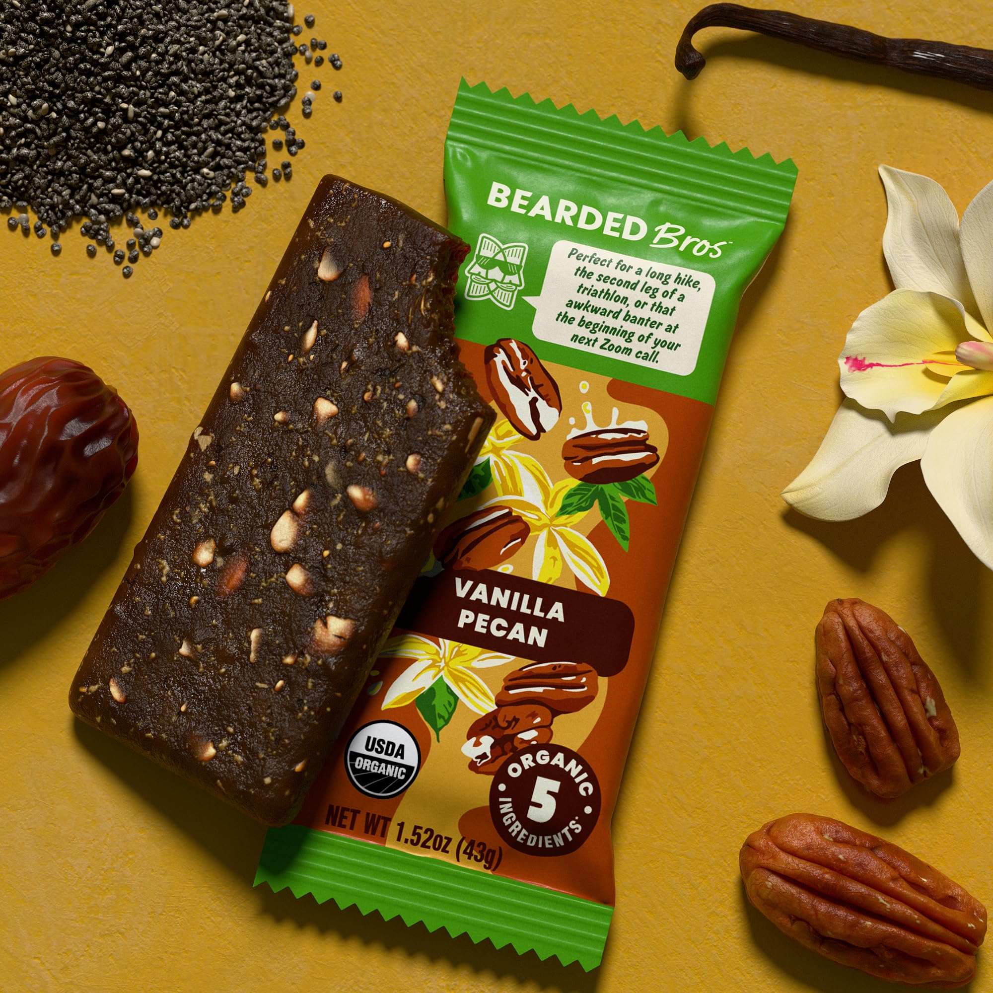 Bearded Brothers Organic Vegan Protein Energy Bars - Gluten Free, Paleo, Fiber, Whole 30 | Non GMO, Soy Free, Low Snacks | 12 Pack Vanilla Pecan