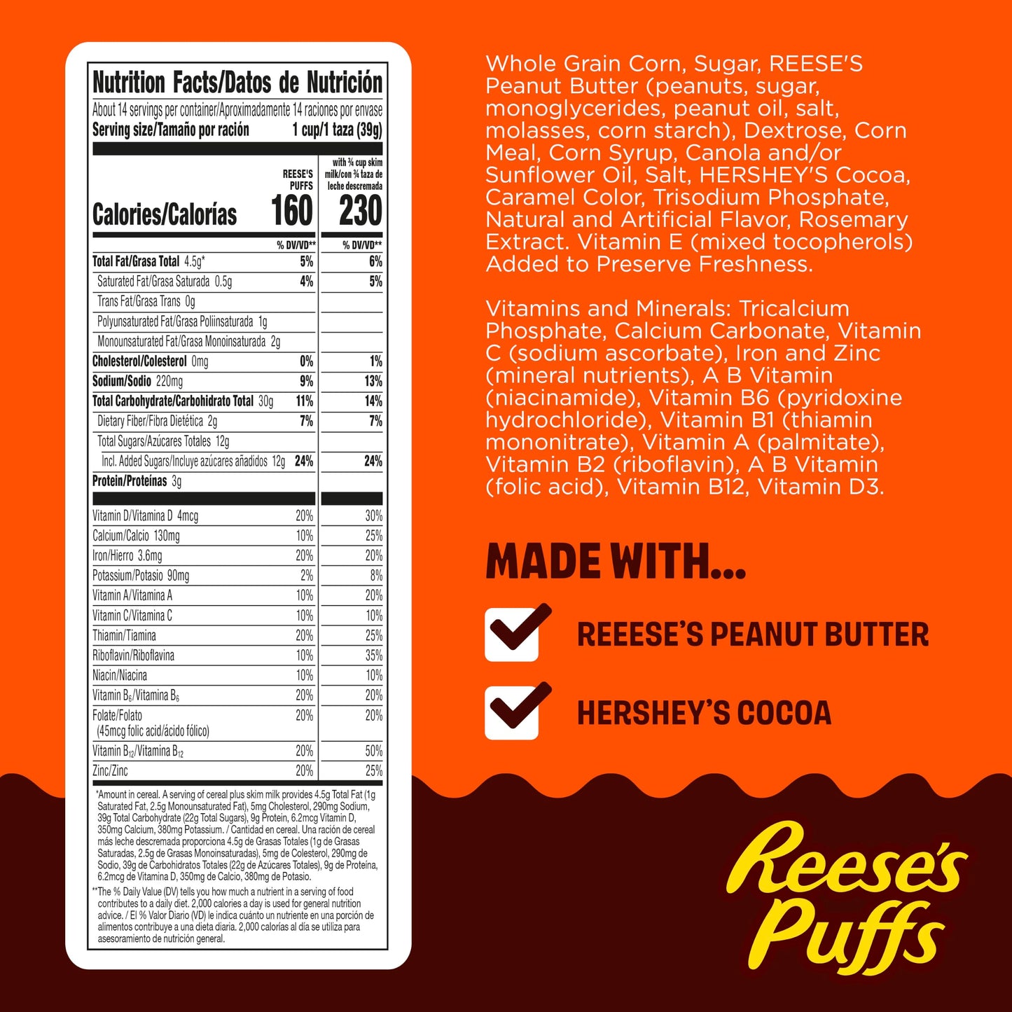 REESE’S PUFFS Chocolatey Peanut Butter Cereal, Kid Breakfast Cereal, Family Size, 19.7 oz