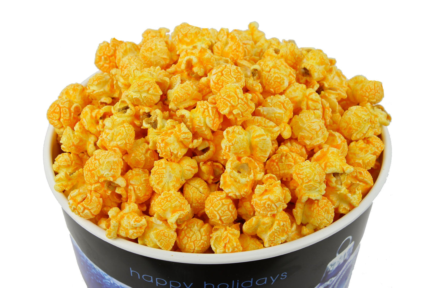 Signature Popcorn, 1-Gallon “Happy Holidays” Blue Ornament Gift Bucket, Cheddar Cheese Popcorn, Reusable Plastic Container, Gourmet Snack