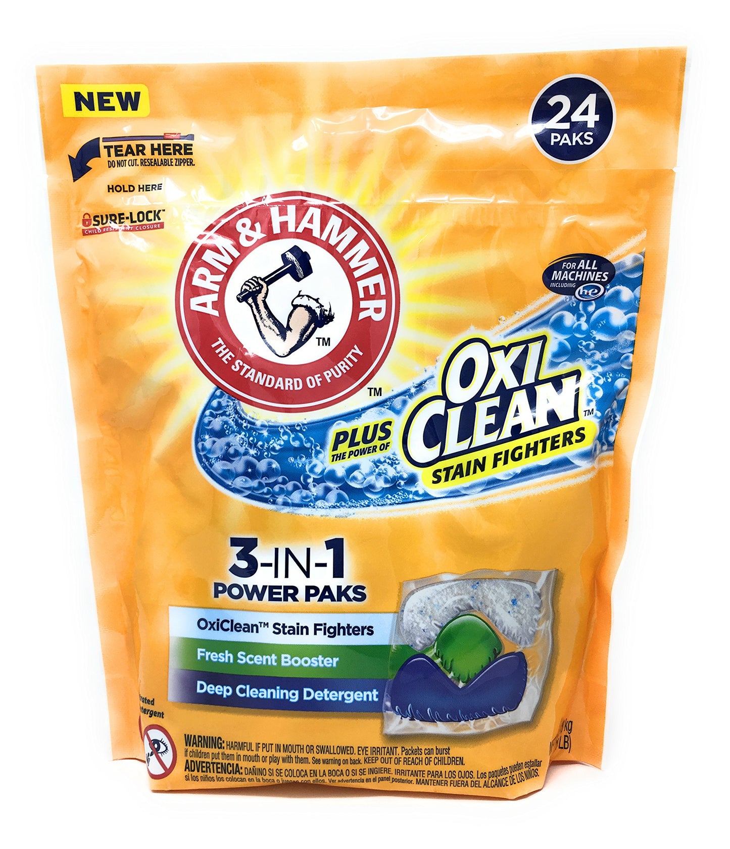 Arm & Hammer 3-IN-1 Laundry Detergent Power Paks, Fresh Scent with OxiClean, 24 ct (Pack of 2)