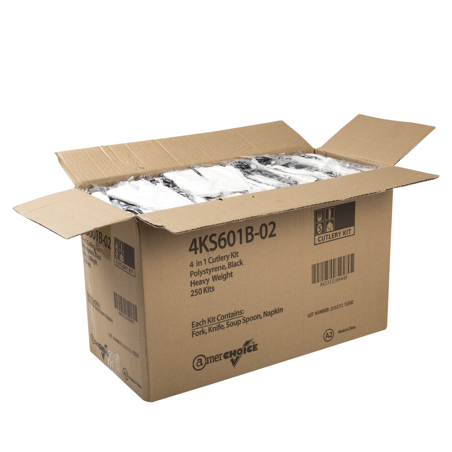 AmerCareRoyal 4-in-1 Disposable Silverware Heavy Weight Plastic Utensil Set with Soup Spoon, Fork, Knife and 13x17 inch Napkin - Individually Wrapped