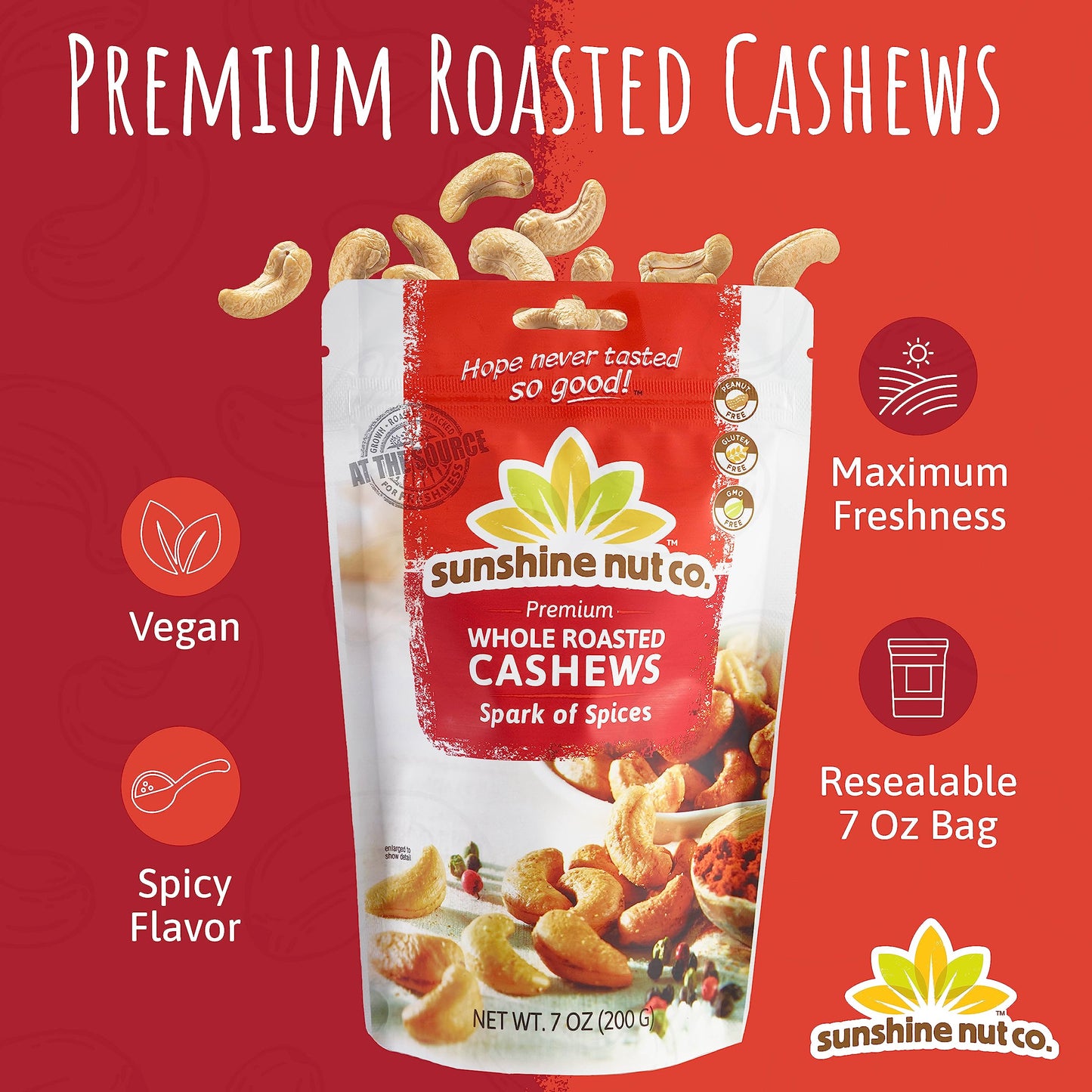 Sunshine Nut Company Whole Roasted Cashews, Spark of Spices Flavor, Single 7 oz. Bag, Gluten Free, Peanut Free and Vegan Individual Snack Packs
