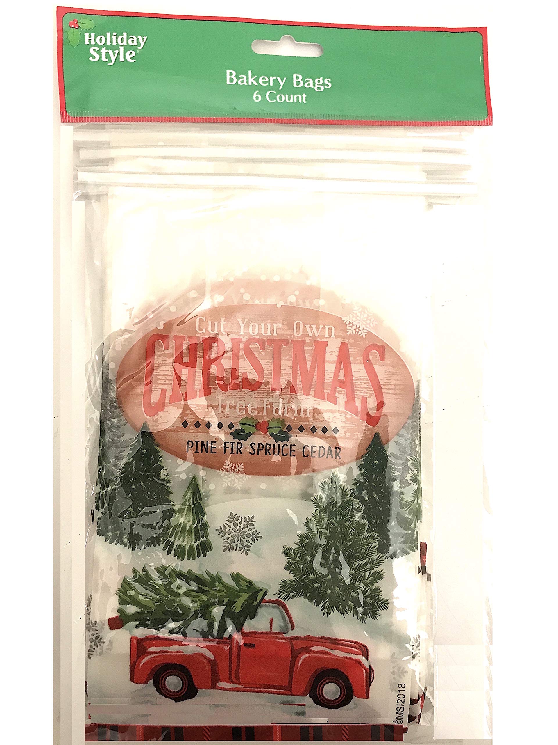 Bakery Bags for Cookies Bread Gift Giving Cakes Treats with Window Resealable Red Truck Christmas Tree Farm Buffalo Check 6 Ct.