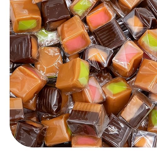 Caramel Candy Mix - 2 Pound Pack - 150 Count - Filled Caramels Individually Wrapped - Vanilla, Chocolate, Apple, and Strawberry Cubes - Creamy Chewy