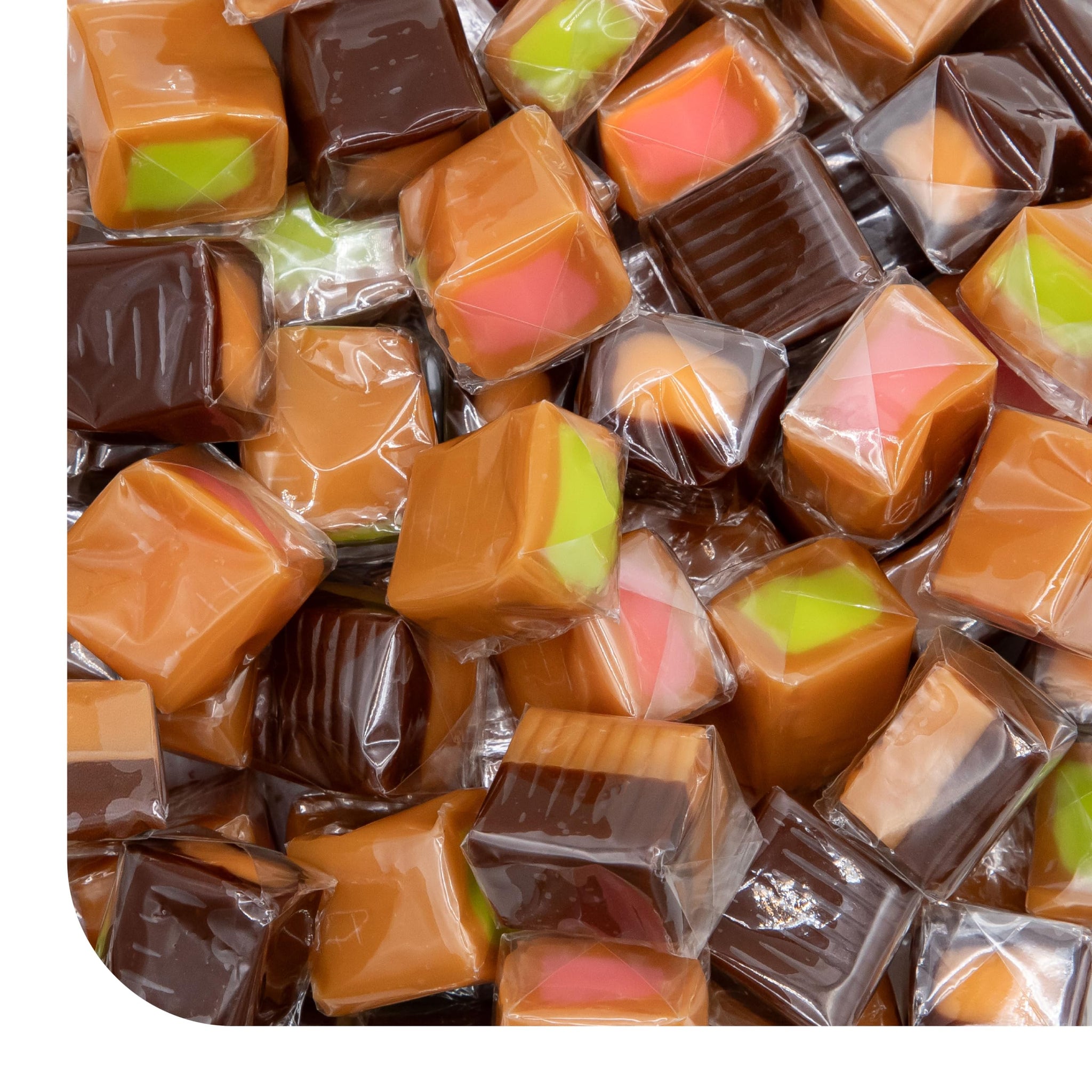 Caramel Candy Mix - 2 Pound Pack - 150 Count - Filled Caramels Individually Wrapped - Vanilla, Chocolate, Apple, and Strawberry Cubes - Creamy Chewy