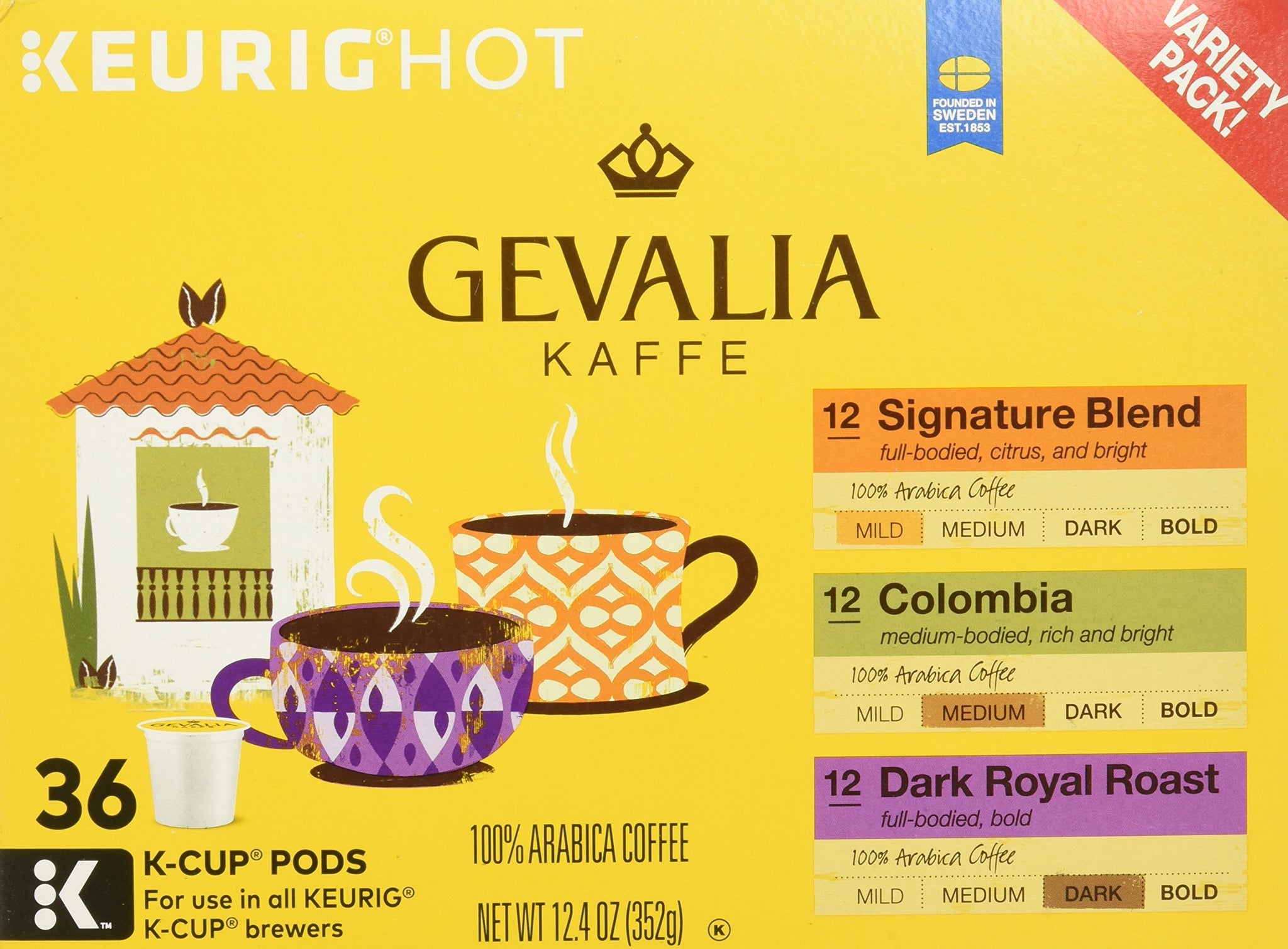 Gevalia Coffee K-Cup Pods Variety Pack, Signature Blend, Columbian and Dark Royal Roast, 36 Count