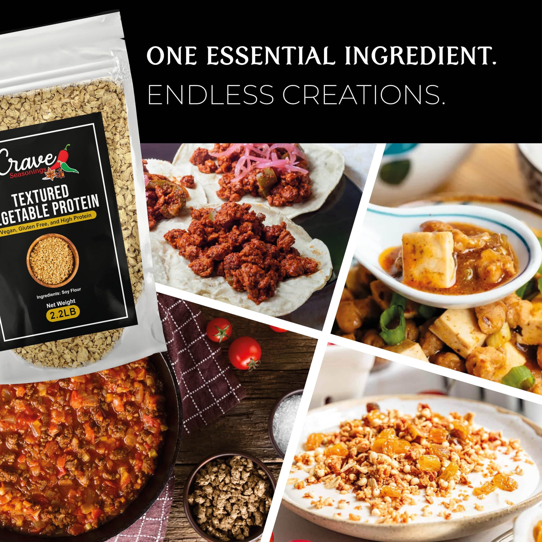 Crave Textured Vegetable Protein, 2.2LB Bag, Vegan, Gluten Free, High Protein Chunks, Unflavored