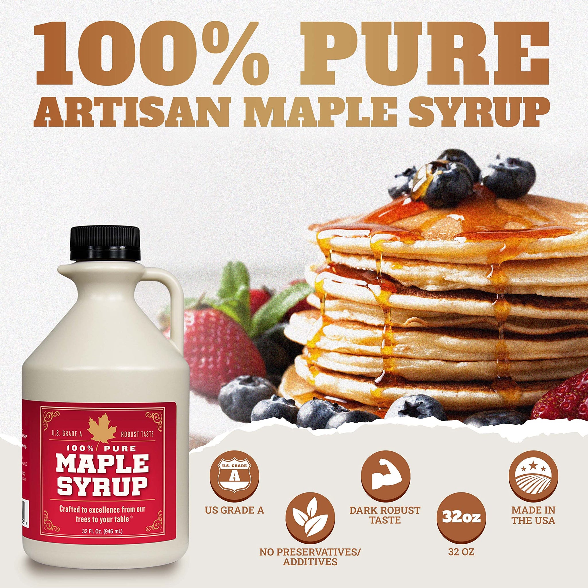Grade B Maple Syrup 32 Oz Jug - 100% Pure Maple Syrup (Now Grade A Dark) Bold, Robust Flavor - Artisan Maple Syrup Gift - USA-Made Breakfast Syrups