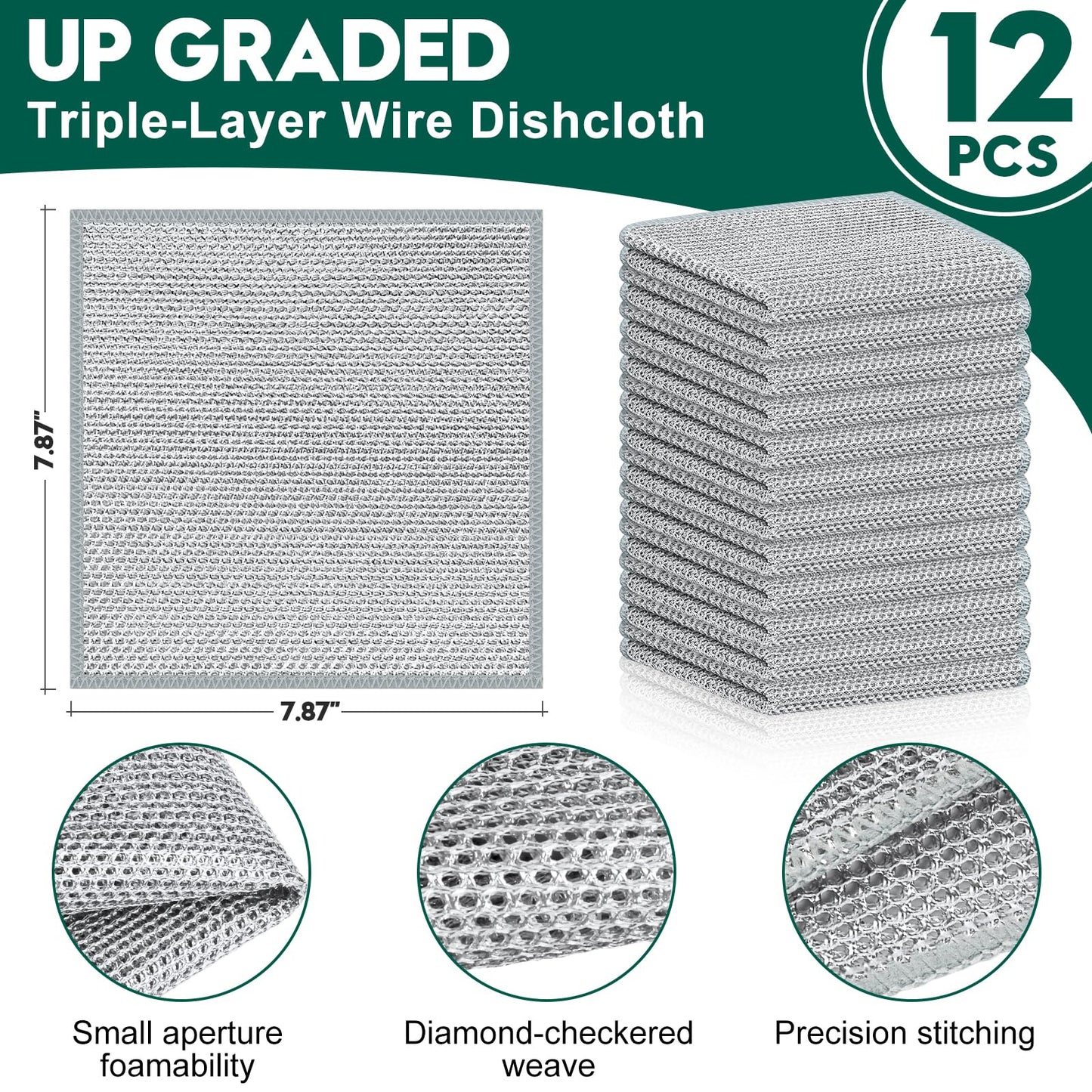 VMKBL 12 Pcs New Upgraded 3 Layers Non Scratch Wire Dishcloth, Multipurpose Wire Dishwashing Rags, Wet & Dry for Cookware, Sinks, Dishes, Stoves