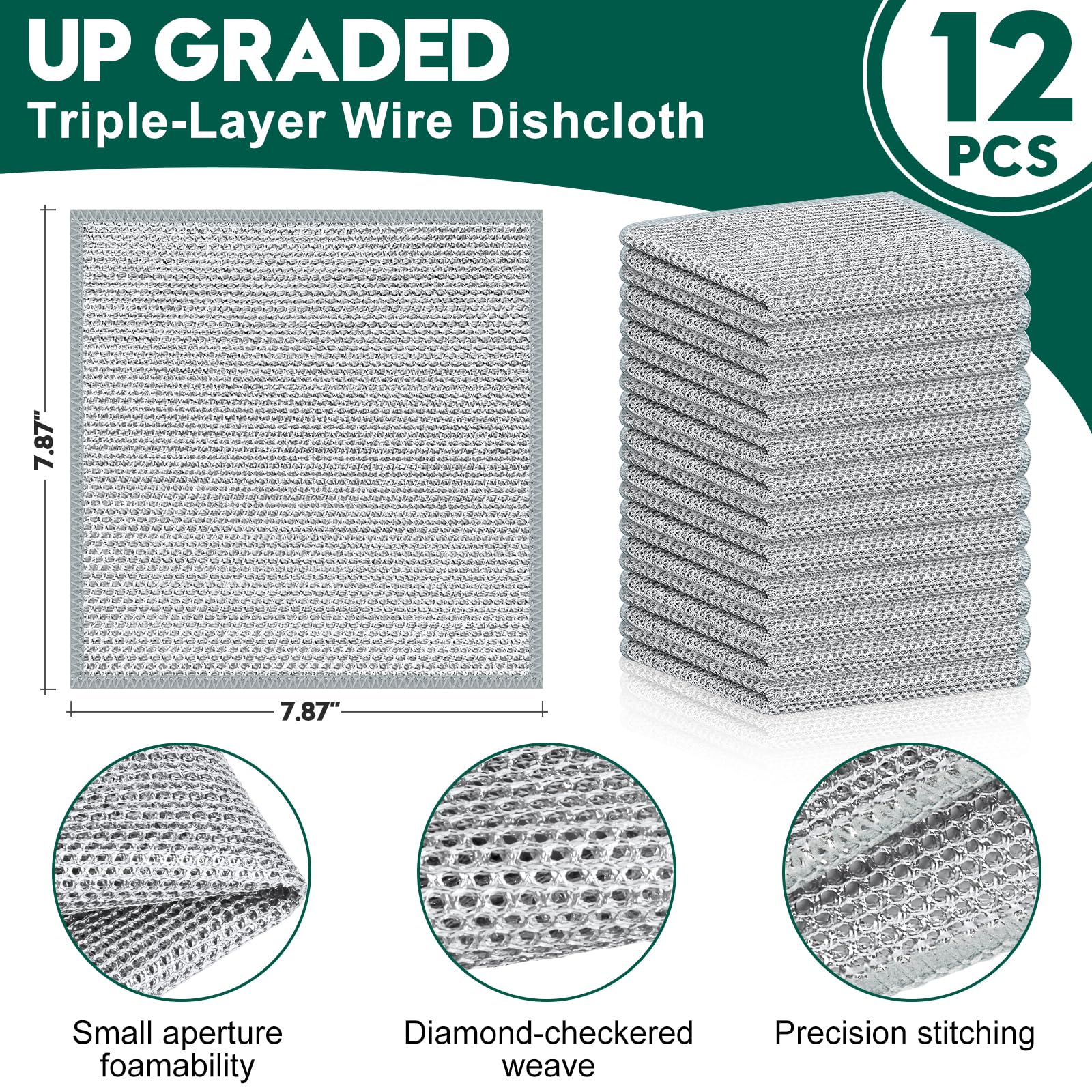 VMKBL 12 Pcs New Upgraded 3 Layers Non Scratch Wire Dishcloth, Multipurpose Wire Dishwashing Rags, Wet & Dry for Cookware, Sinks, Dishes, Stoves