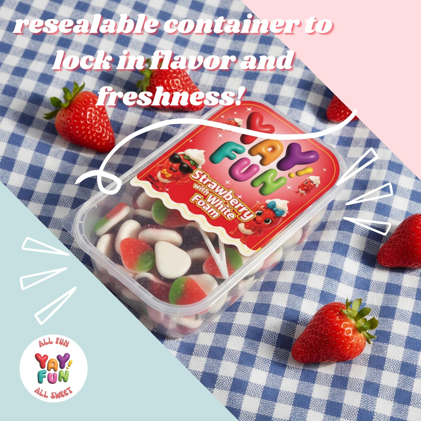Halal Strawberry Gummy with White Foam | 6 Pack Bundle (6x7 oz Tubs) | Soft & Chewy Strawberry Gummies | Resealable Tubs in Bulk with Display Box |