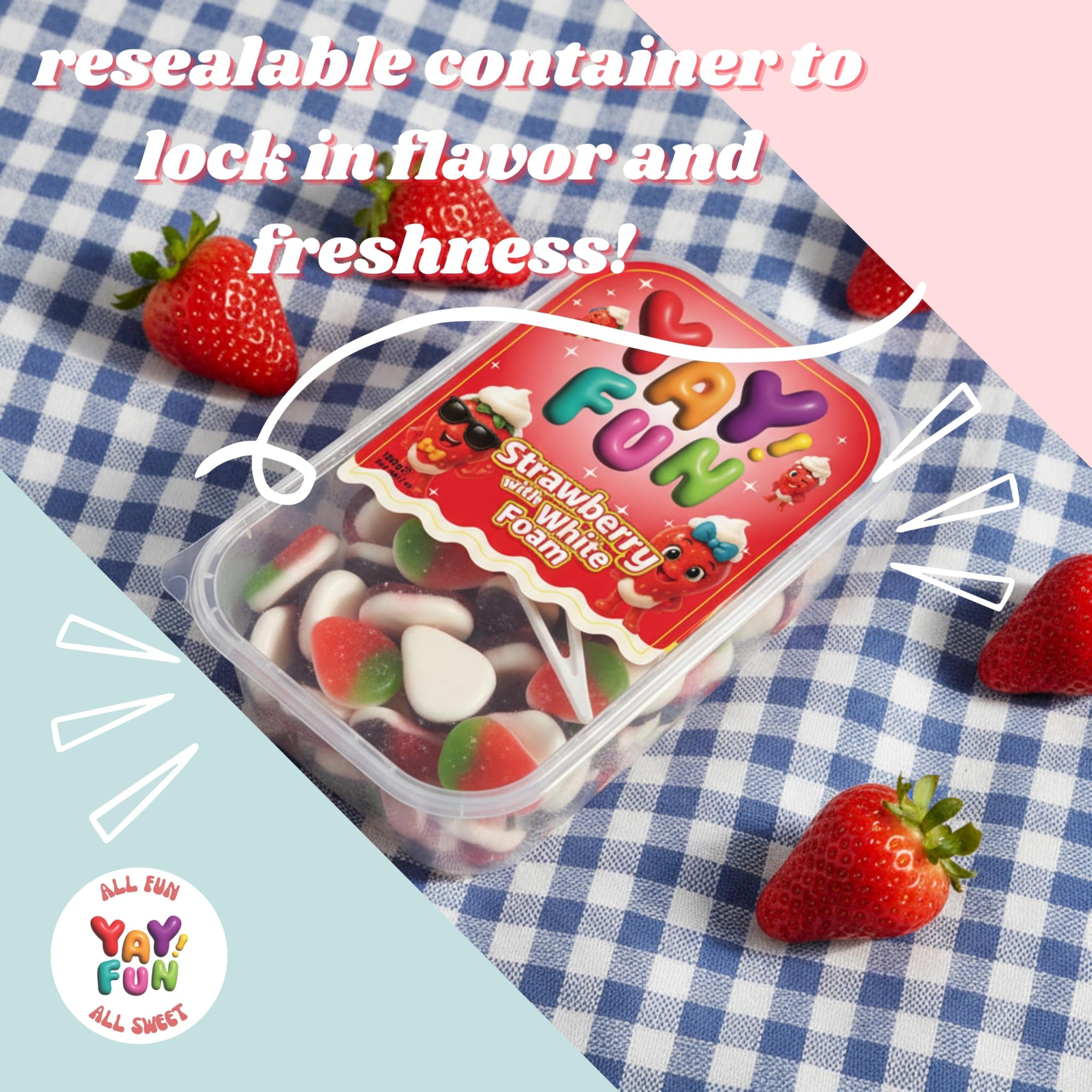 Halal Strawberry Gummy with White Foam | 6 Pack Bundle (6x7 oz Tubs) | Soft & Chewy Strawberry Gummies | Resealable Tubs in Bulk with Display Box |