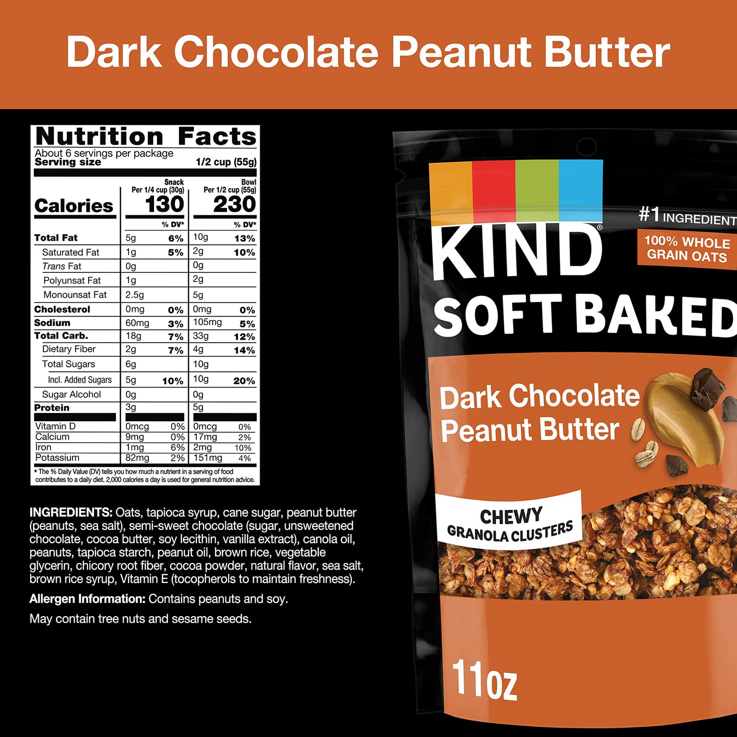 Kind Soft Baked Granola, Dark Chocolate Peanut Butter, Gluten Free, Healthy Snack Mix, 5g Protein, 11oz, 1 Count