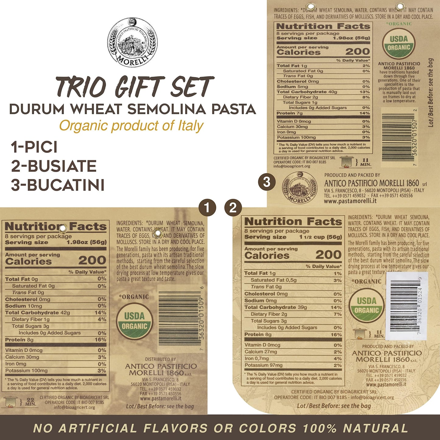 Morelli Busiate, Pici, and Bucatini Organic Pasta Variety Pack - Imported Italian Pasta Sampler - Specialty Assortment Includes Three-17.6 oz Packages