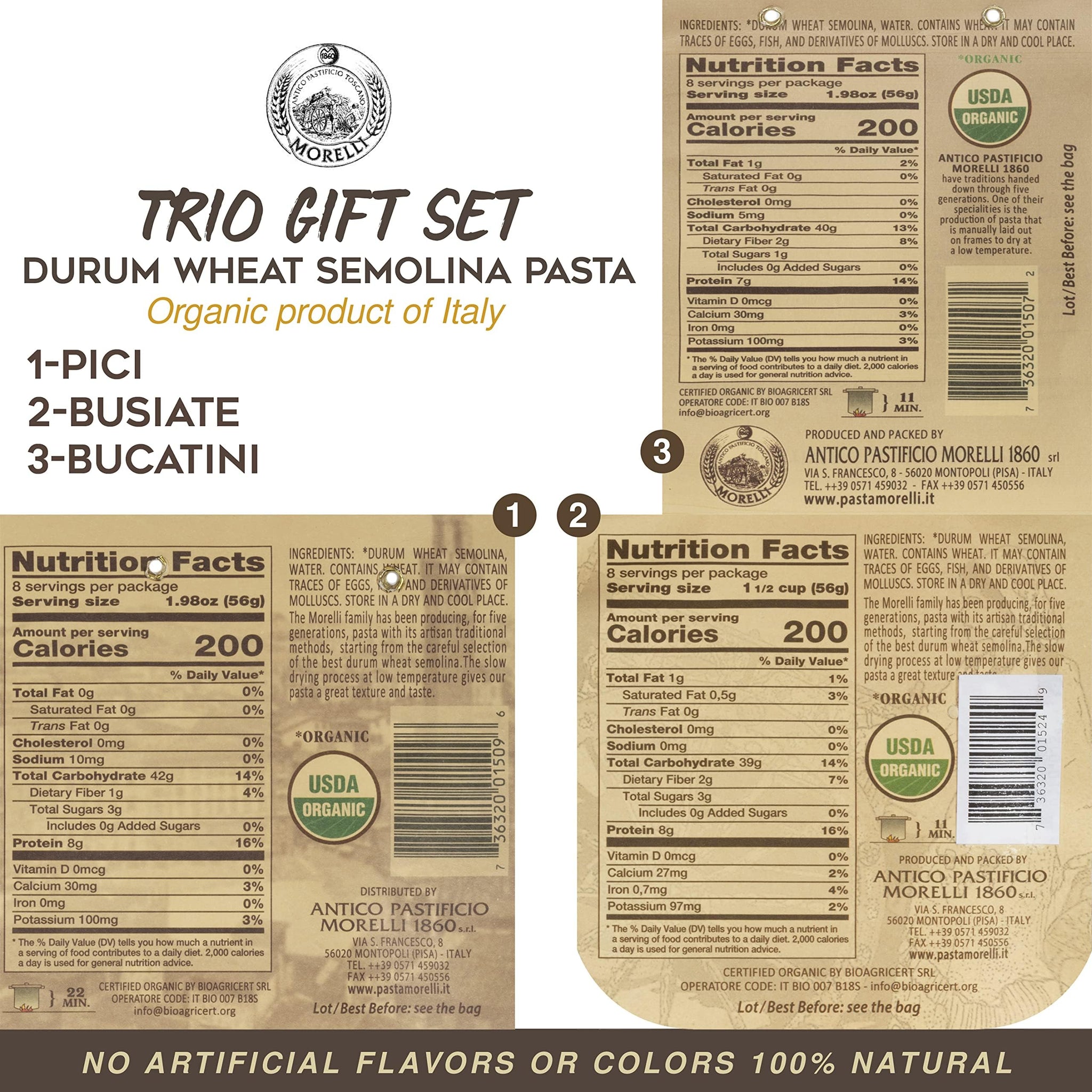 Morelli Busiate, Pici, and Bucatini Organic Pasta Variety Pack - Imported Italian Pasta Sampler - Specialty Assortment Includes Three-17.6 oz Packages