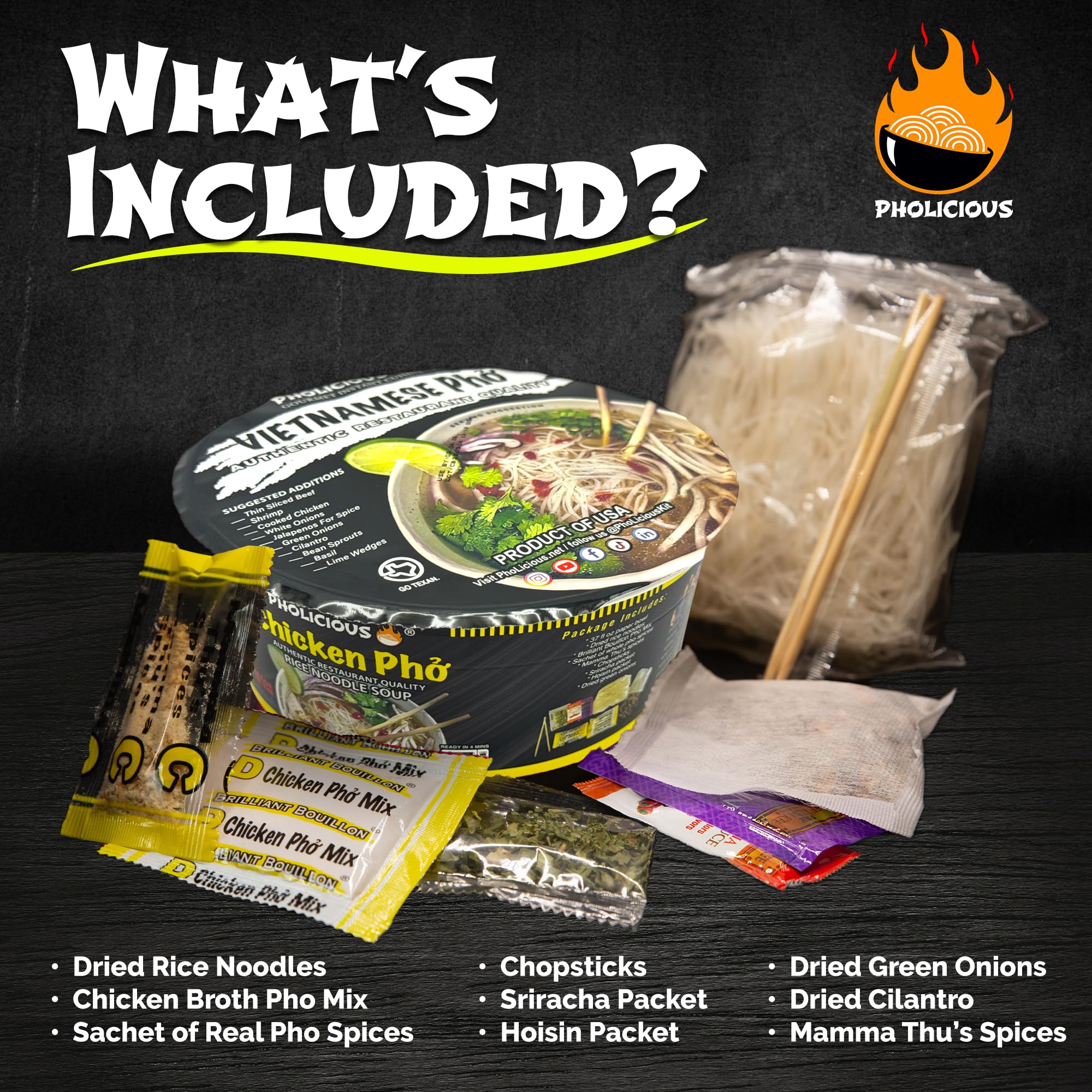 PhoLicious Instant Chicken Pho, Authentic Vietnamese Rice Noodle Soup Kit with Spices & Broth Mix, Ramen Noodles Alternative, Quick Microwave Meal