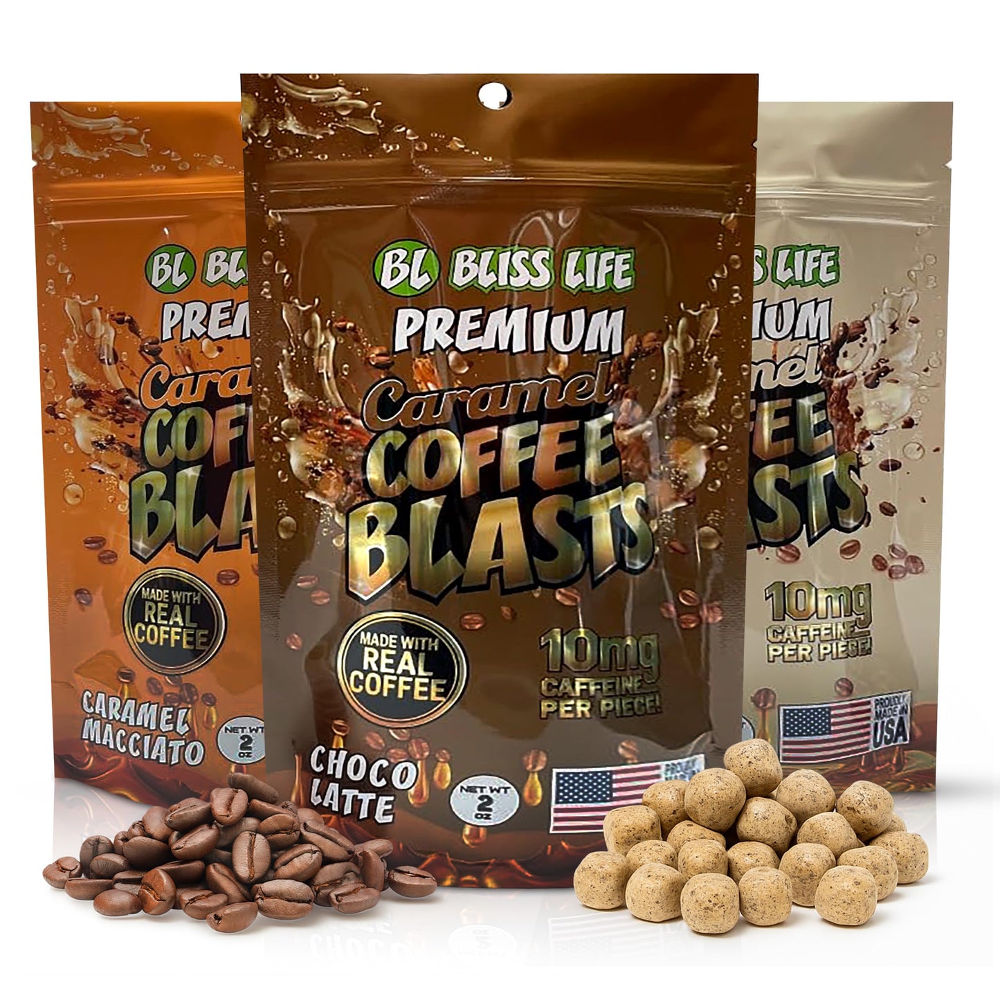 Caramel Coffee Blasts - Edible Coffee Revolution with Real Brewed Cafe in Three Amazing Flavors: Caramelo Macciato, Chocolate Latte, French Vanilla