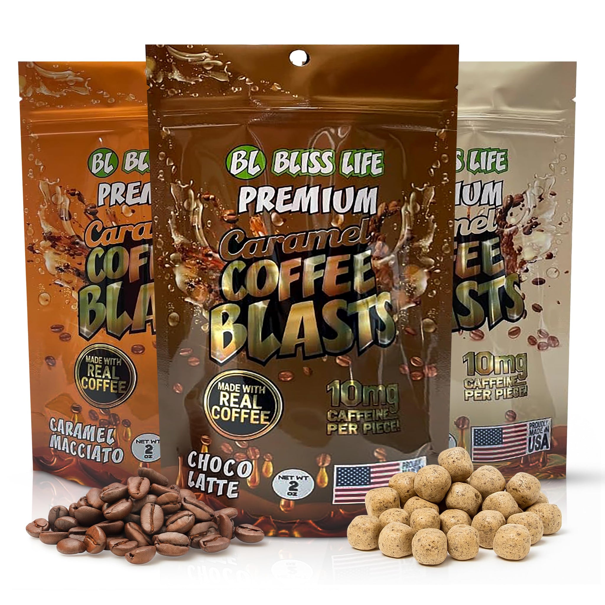 Caramel Coffee Blasts - Edible Coffee Revolution with Real Brewed Cafe in Three Amazing Flavors: Caramelo Macciato, Chocolate Latte, French Vanilla