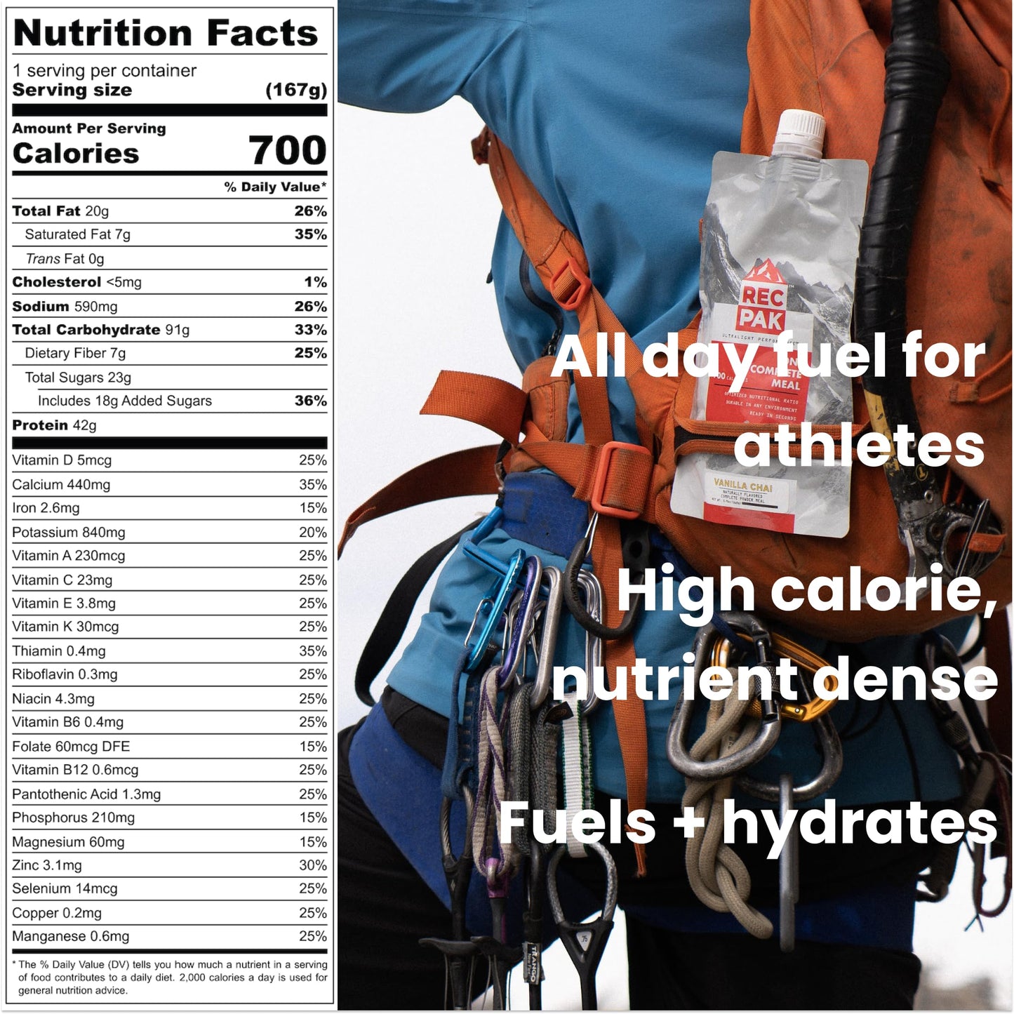 RecPak | 700 Cal, 43g Protein, Complete Nutrition for Backcountry Athletes | No-Cook Lightweight Liquid Meal for Mountaineering Backpacking Sking