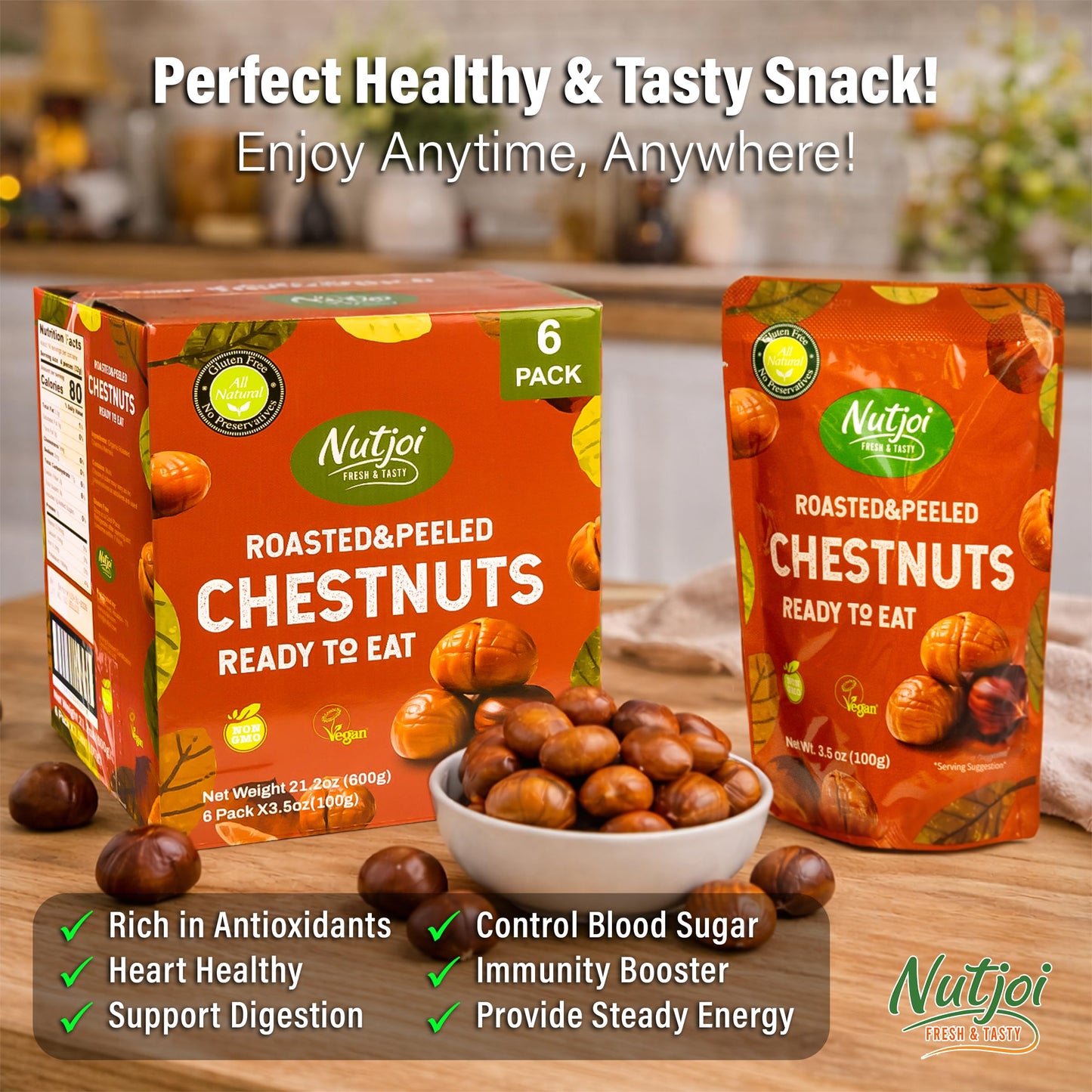Roasted Chestnuts - Ready to Eat, Whole, Peeled & Cooked, Healthy Snack for Cooking & Baking, Vegan, Gluten Free - 3.5 oz (Pack of 6) - Nutjoi