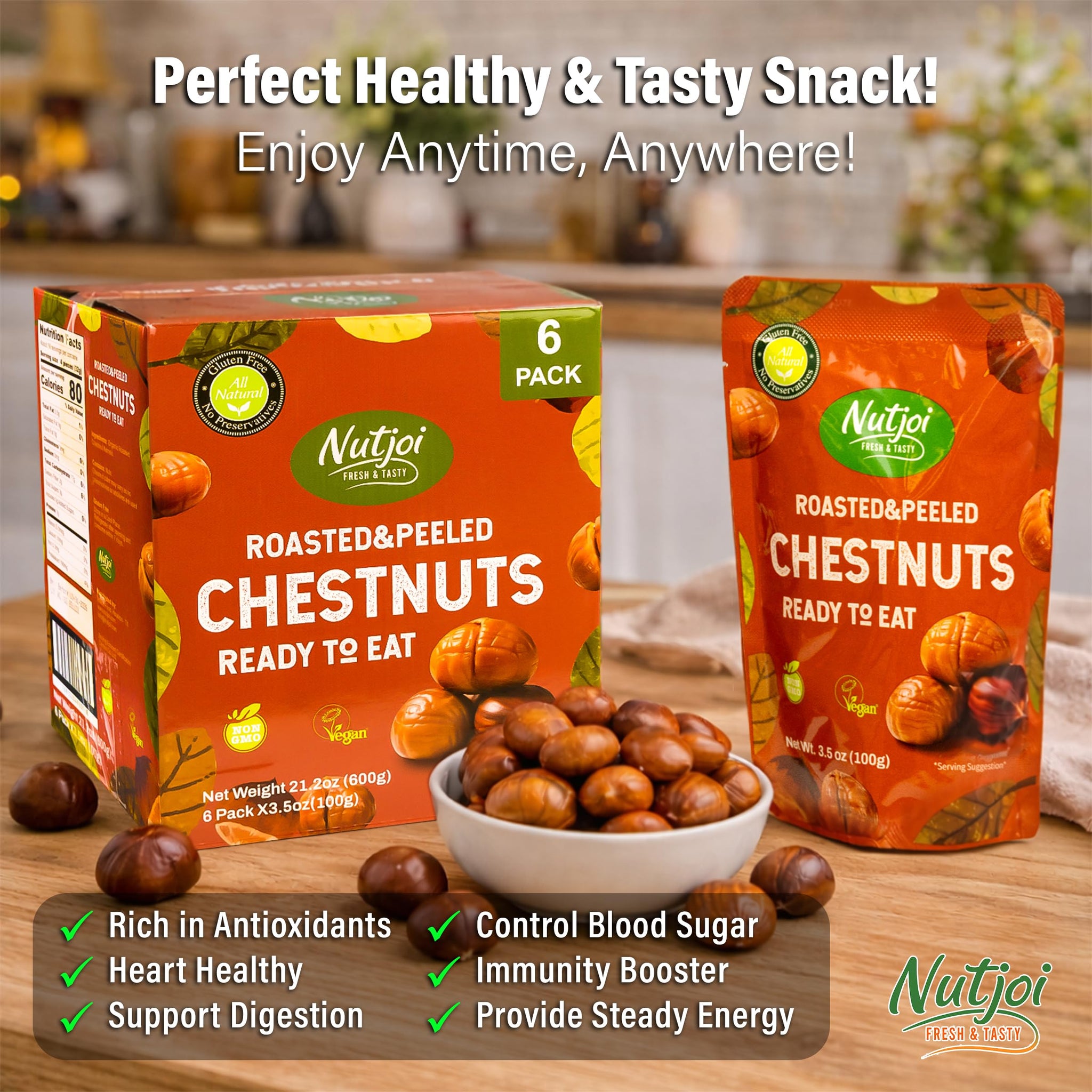 Roasted Chestnuts - Ready to Eat, Whole, Peeled & Cooked, Healthy Snack for Cooking & Baking, Vegan, Gluten Free - 3.5 oz (Pack of 6) - Nutjoi