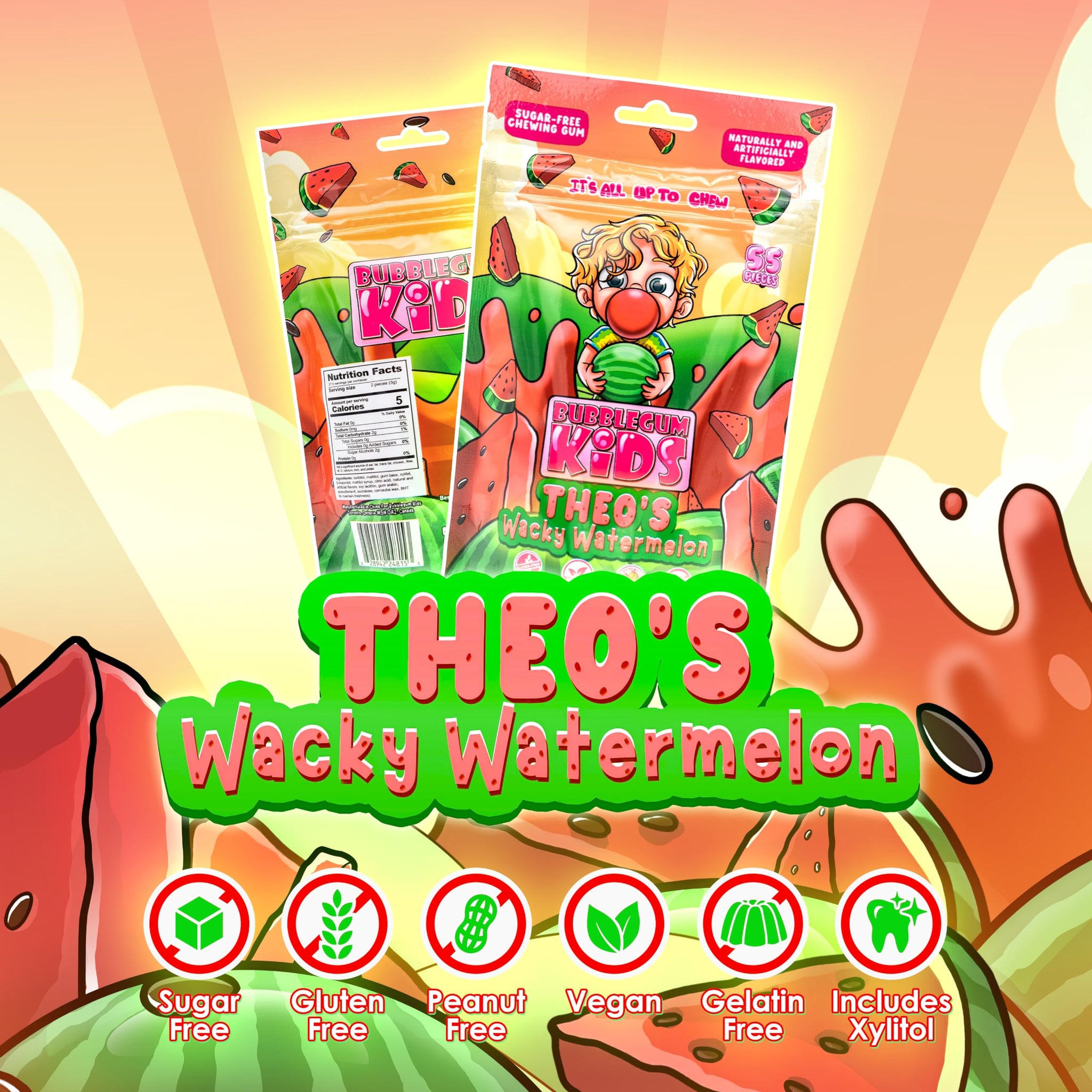 Bubblegum Kids Theo’s Wacky Watermelon Sugar Free Gum | Watermelon Flavor, Sugarless Gum with Xylitol | Vegan, Low Calorie Candy for Kids & Adults |