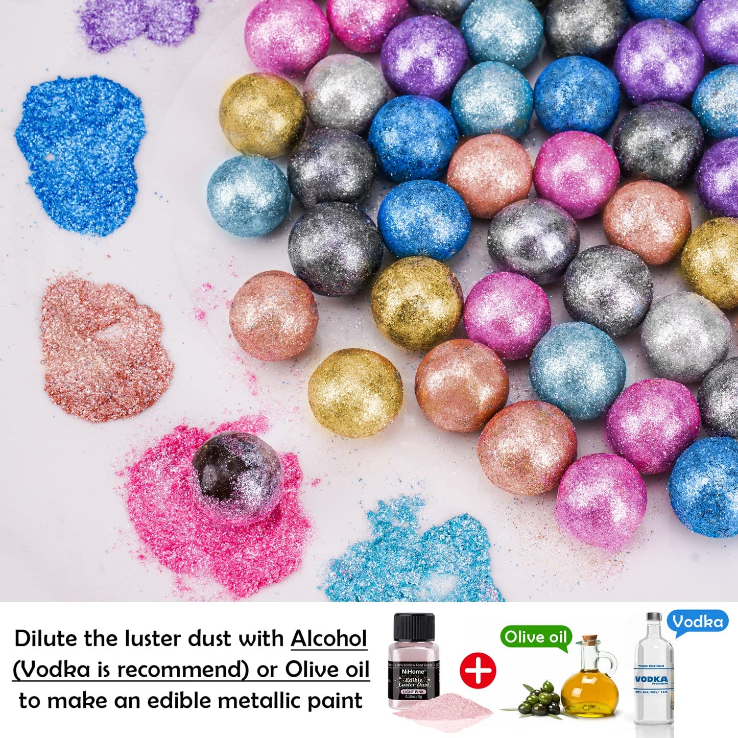 NiHome Edible Food-Grade Glimmer Powder Glitter Luster Dust Metallic Food Decorating Sprinkle Glimmery Dust for Drink Wine Beverage Cake Candy Dessert
