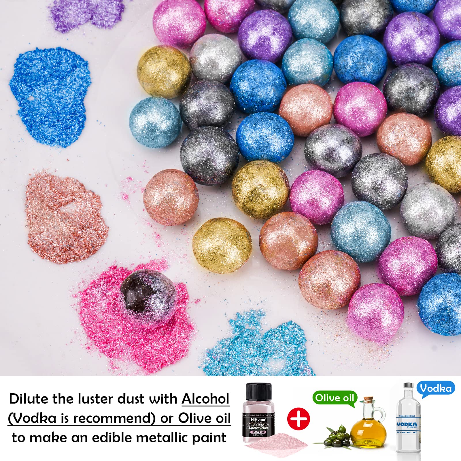 NiHome Edible Food-Grade Glimmer Powder Glitter Luster Dust Metallic Food Decorating Sprinkle Glimmery Dust for Drink Wine Beverage Cake Candy Dessert