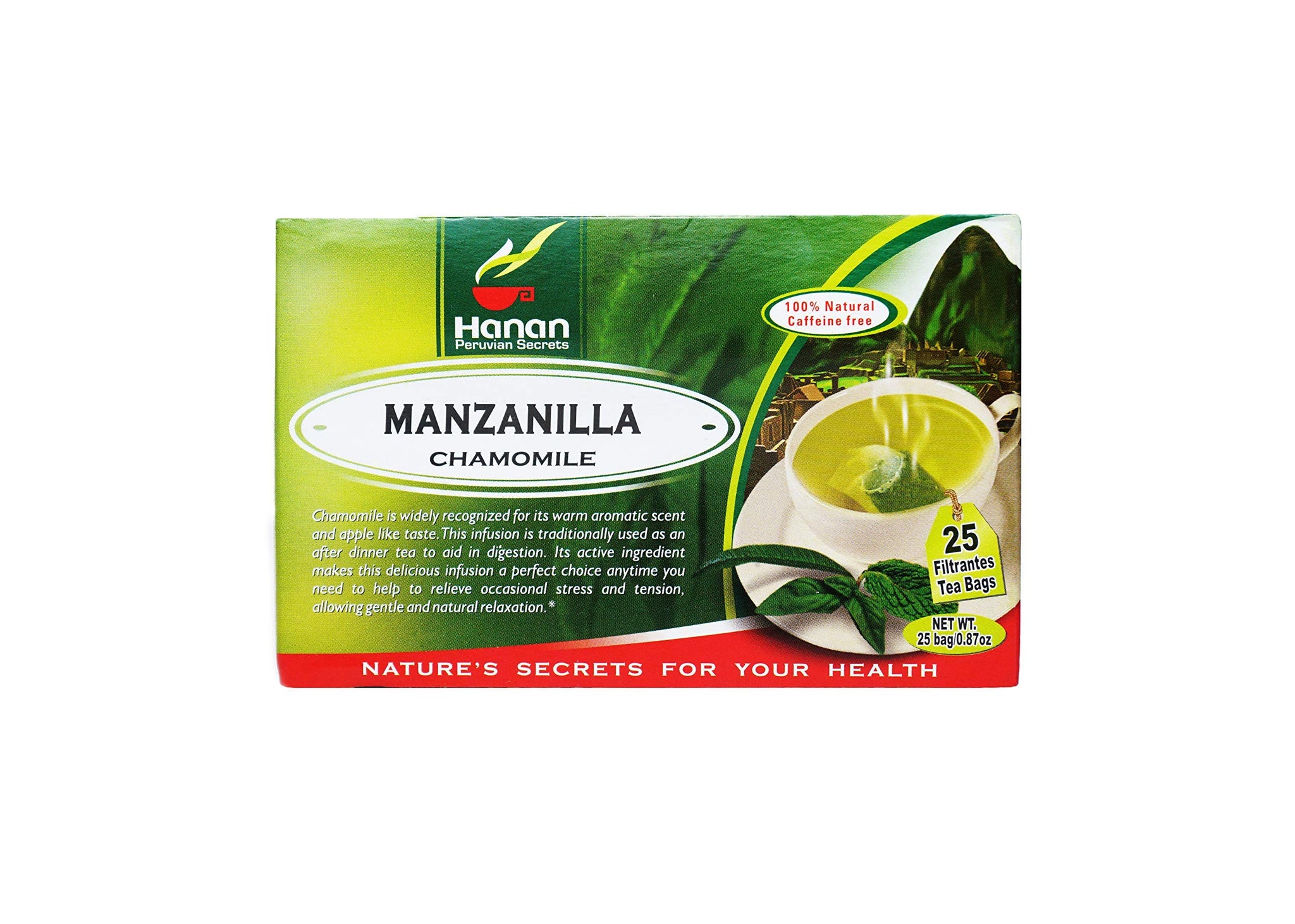 Hanan Peruvian Secrets Manzanilla Herbal Tea | 100% Natural Chamomile | 25 Tea Bags | Aids in Digestion and Naturally Promotes Relaxation to Relieve
