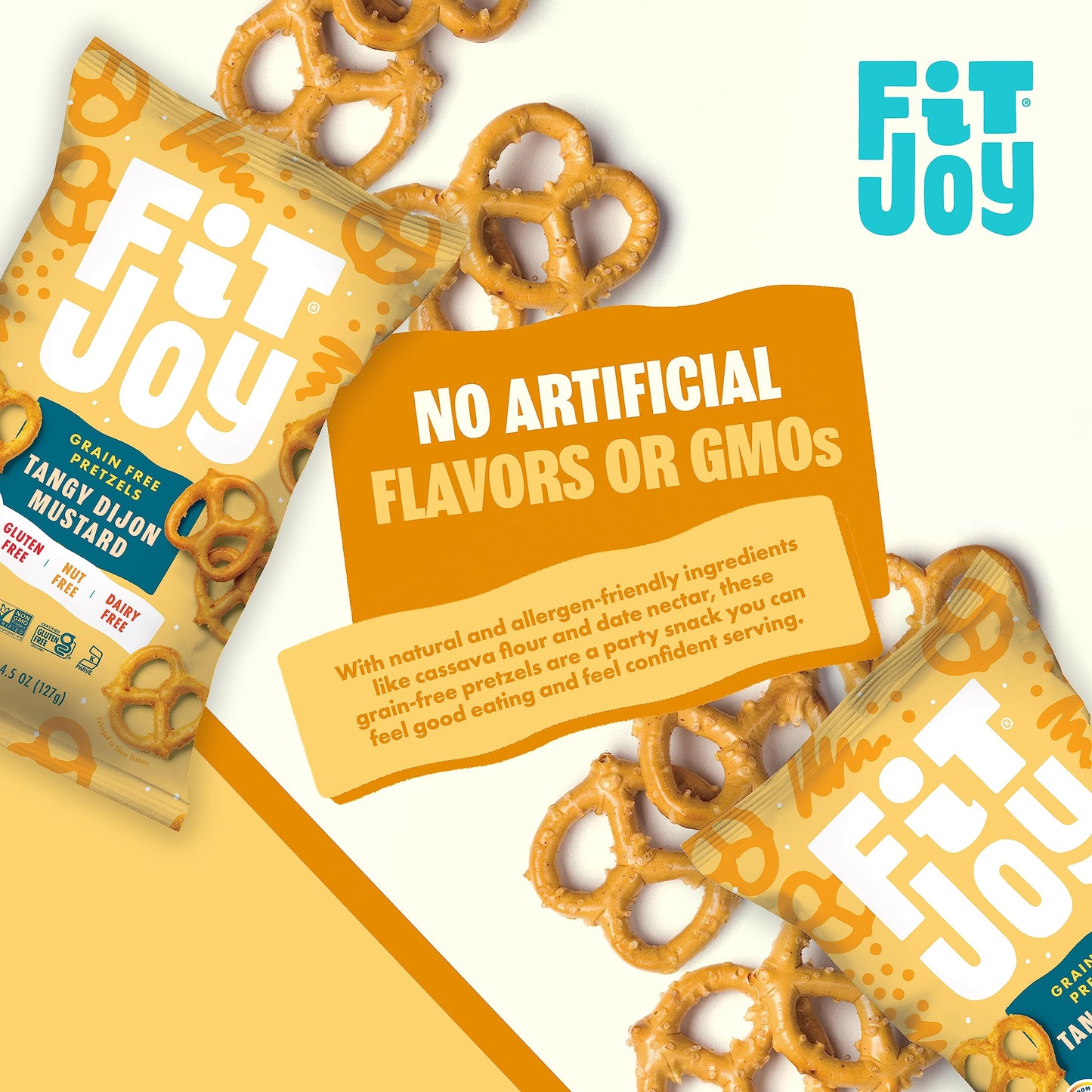 FitJoy Tangy Dijon Mustard Pretzels (Pack of 6, 4.5 Oz) - Dairy, Nut & Gluten Free Snacks - Grain Free Cassava Root & Chickpea Flour Vegan Pretzel