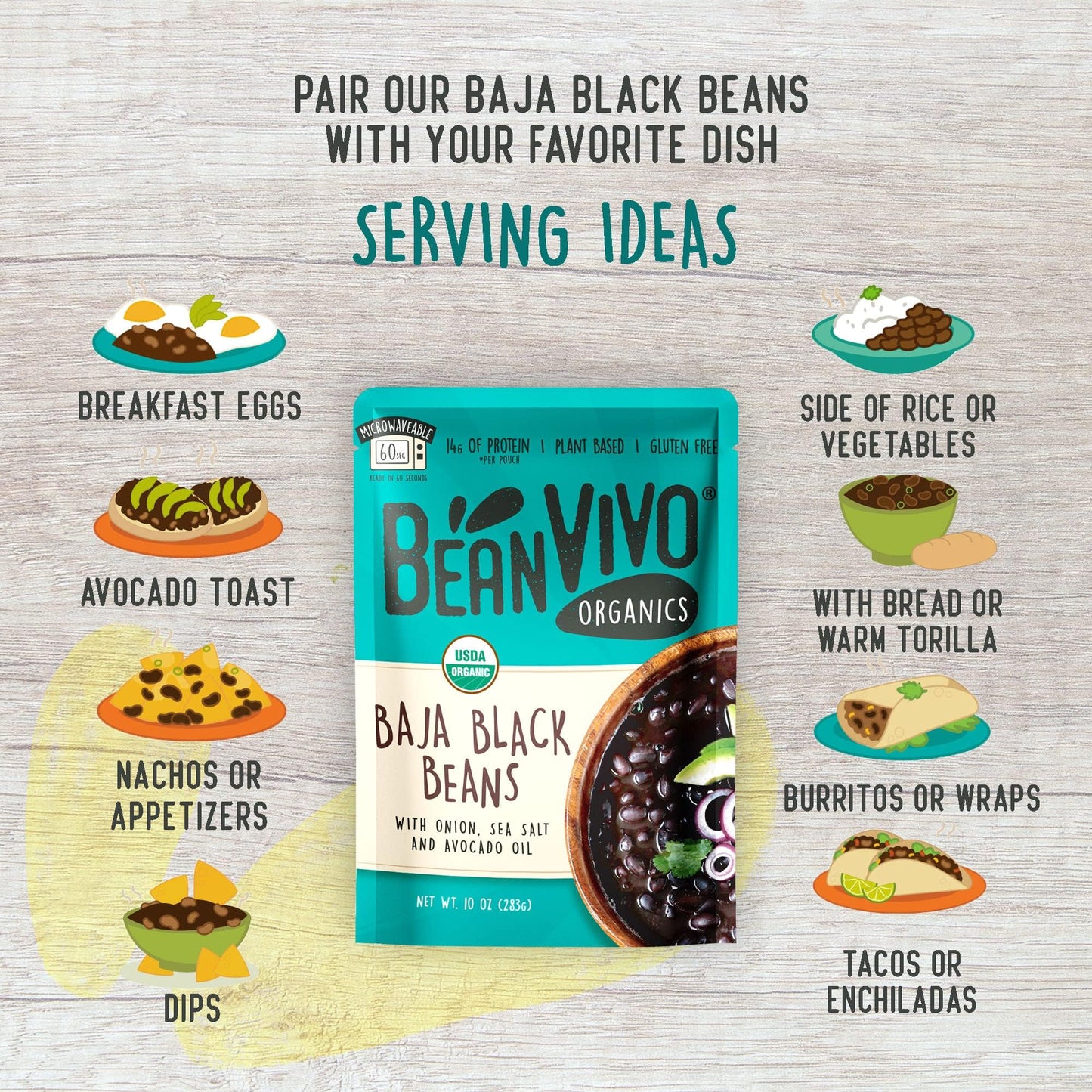 BeanVIVO (Pack of 6) Organics 14g Plant based Protein Baja Black Beans - Good Source of Fiber - Nutritious & Microwave Meals - Gluten-Free Plant Food