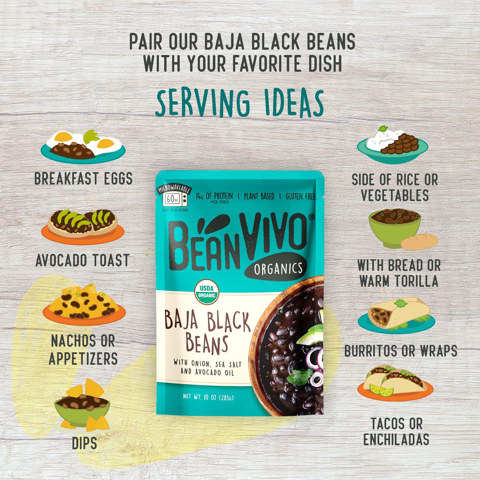 BeanVIVO (Pack of 6) Organics 14g Plant based Protein Baja Black Beans - Good Source of Fiber - Nutritious & Microwave Meals - Gluten-Free Plant Food