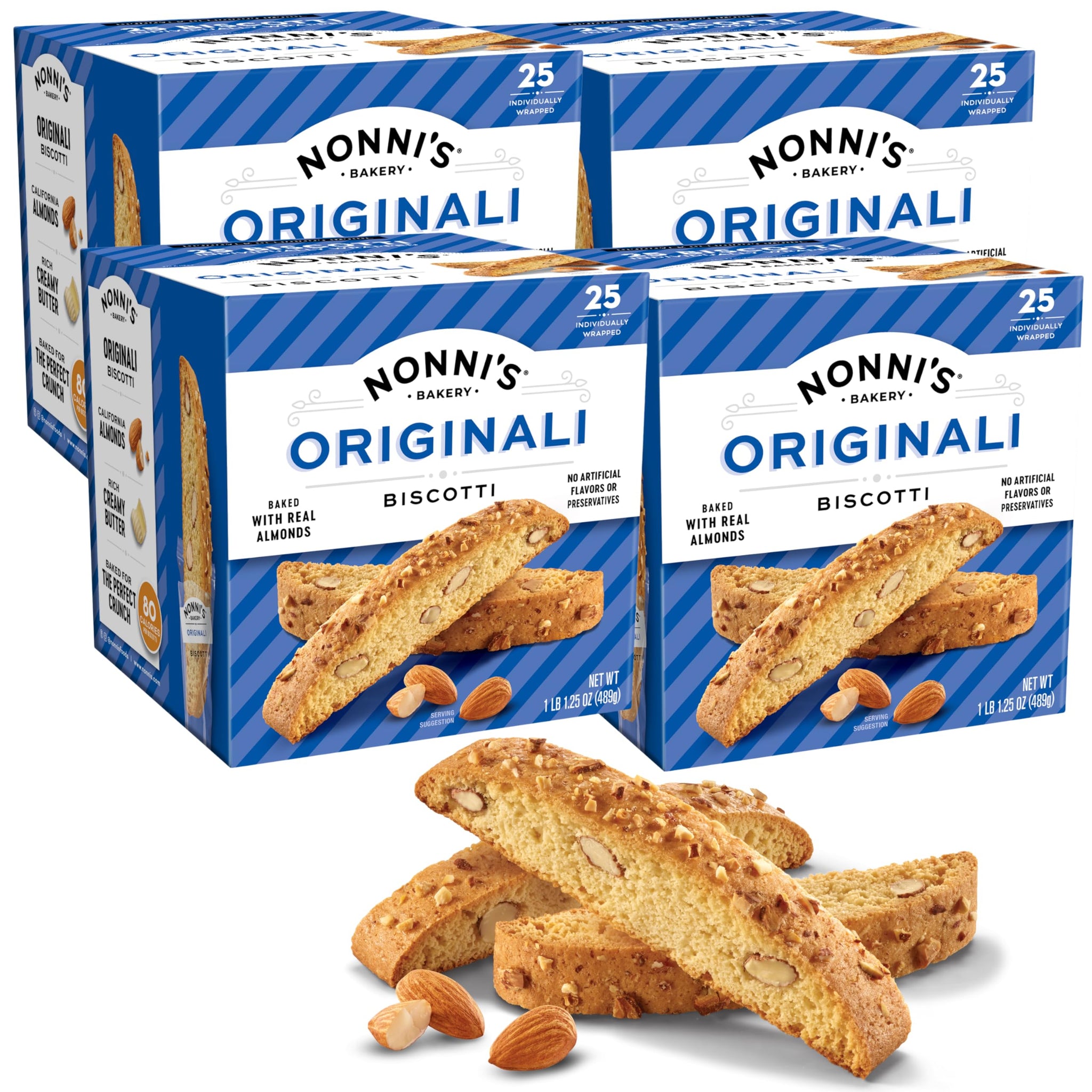 Nonni's Originali Classic Almond Biscotti Cookies - Individually Wrapped Italian Coffee Snack, Crunchy Twice-Baked, 80 Cal Each, 17.25 oz Carton, 4