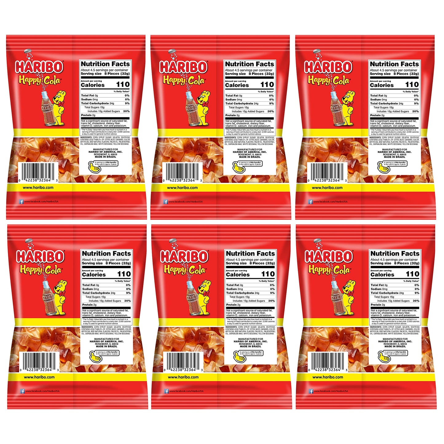 Haribo Happy Cola Gummy Candy Pack of 6 (5oz Bags) American Dulces Candy Pack for Halloween, Easter & More in a King of Sweets Bulk Bag