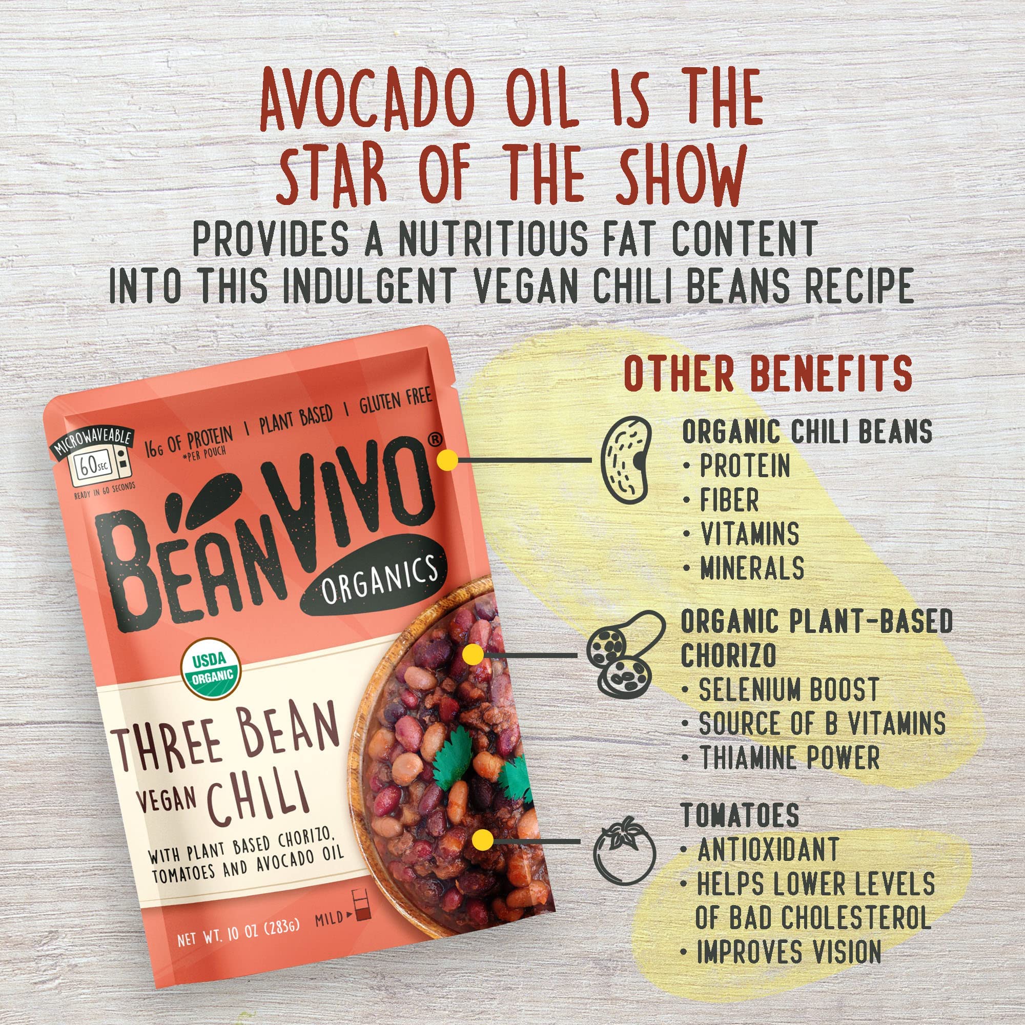 BeanVIVO (Pack of 6) Organics 16g Plant based Protein Three Bean Vegan Chili - Good Source of Fiber - Nutritious & Microwave Meal - Gluten-Free Plant