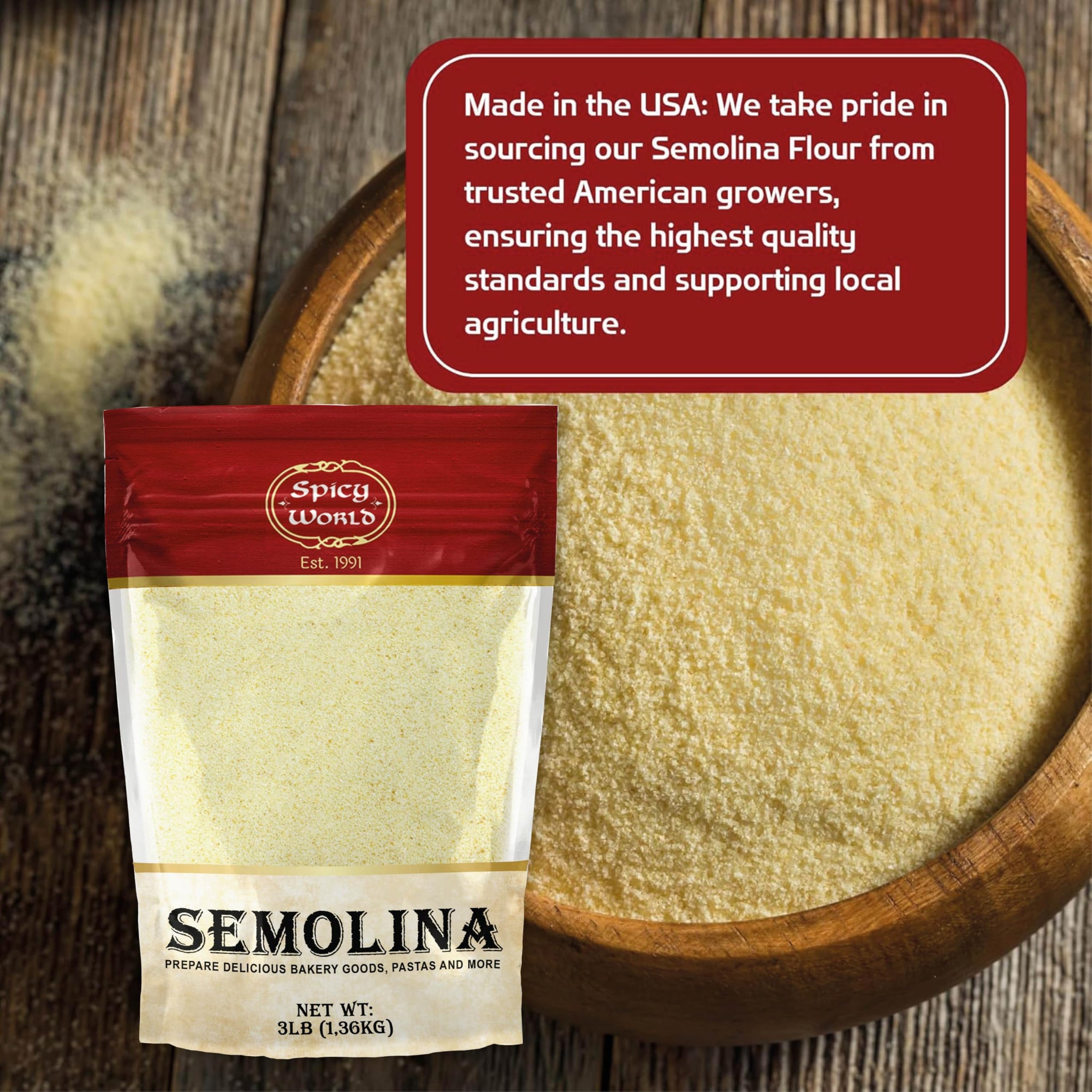 Spicy World Semolina Flour 3 LB (48 Ounce) | USA Grown Semolina for Pizza, for Pasta, and Bread Making | Fine Ground, Bulk Yellow Durum Semola Flour