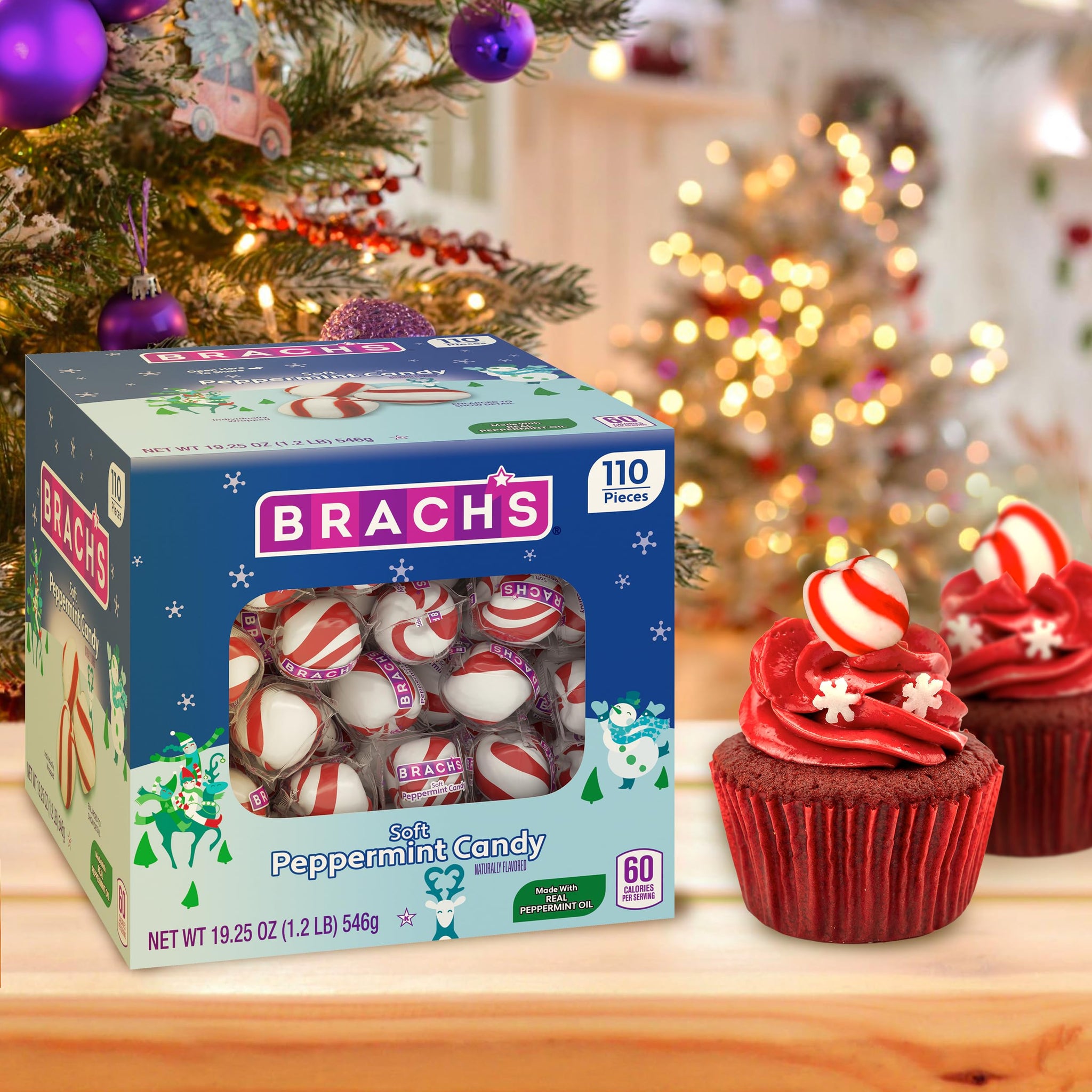 Brach's Holiday Soft Peppermint Candy Tub, Individually Wrapped Mints, 19oz, 110 Pieces