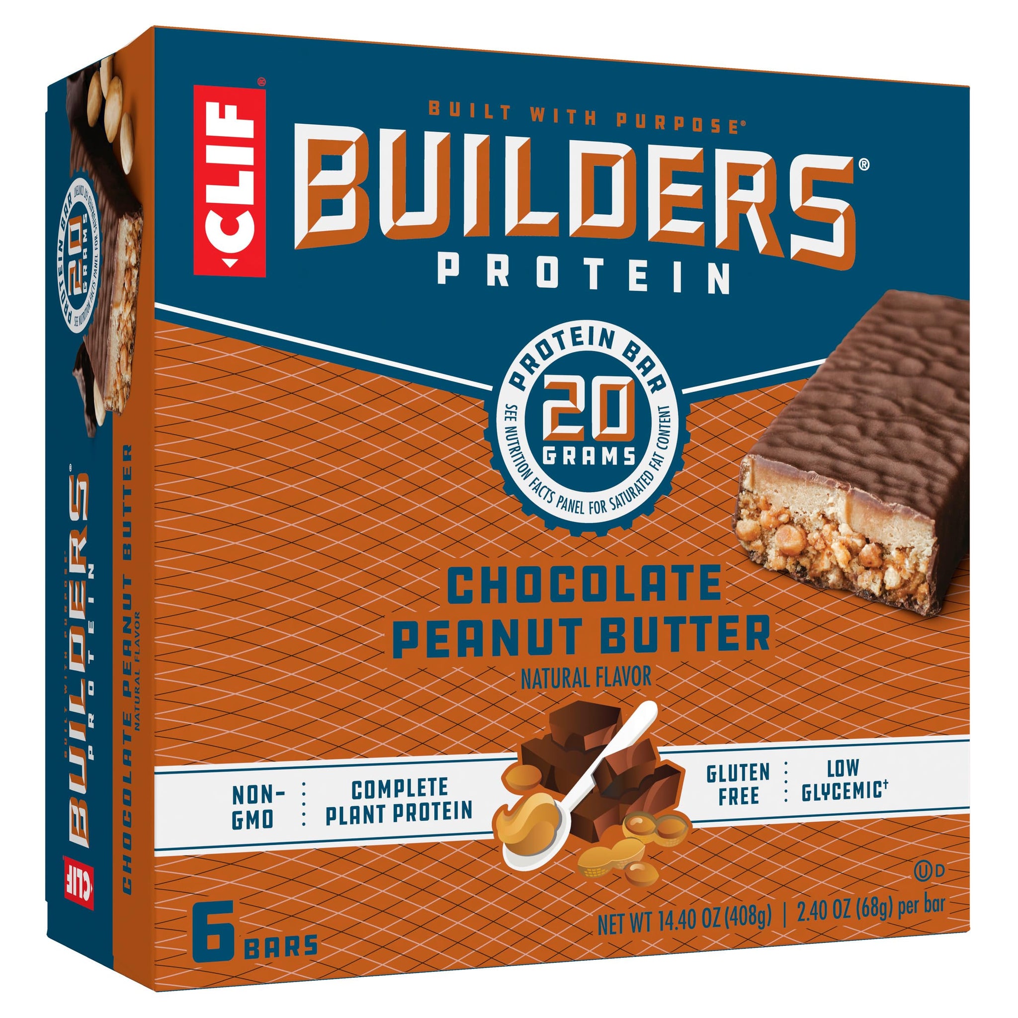 CLIF BUILDERS Protein Bars - Chocolate Peanut Butter Flavor - 20g Plant Based Protein - Gluten Free - Non-GMO - Low Glycemic - No Artificial