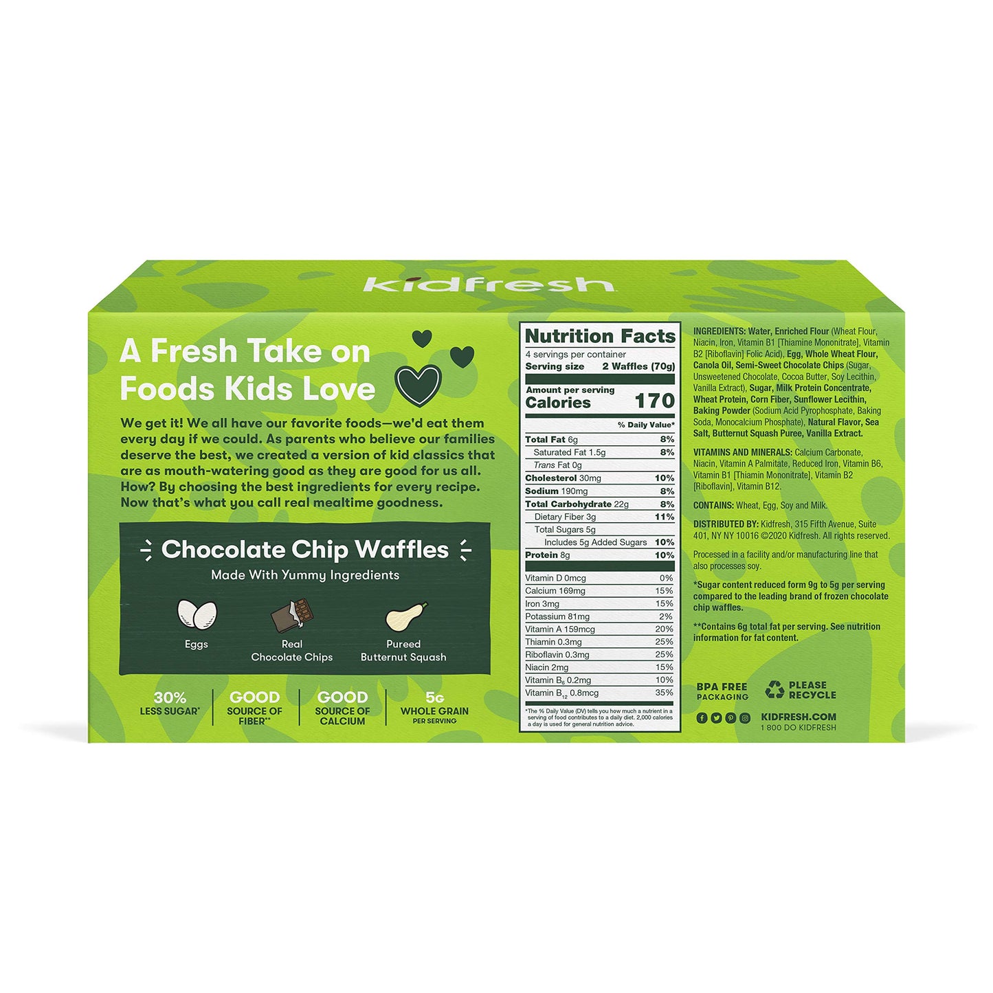 Kidfresh Chocolate Chip Waffles, Made with Hidden Veggies and No Artificial Ingredients, Frozen Kid's Meal, 10oz (9-Pack)