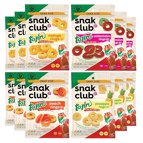 Snak Club Tajin Gummy Candy Fruit Rings, Gummies with Chili and Lime Seasoning, Mild Spice, Gluten-Free and Vegan Snacks, Assorted Variety, Mango