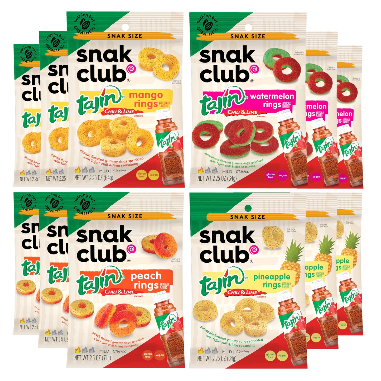 Snak Club Tajin Gummy Candy Fruit Rings, Gummies with Chili and Lime Seasoning, Mild Spice, Gluten-Free and Vegan Snacks, Assorted Variety, Mango
