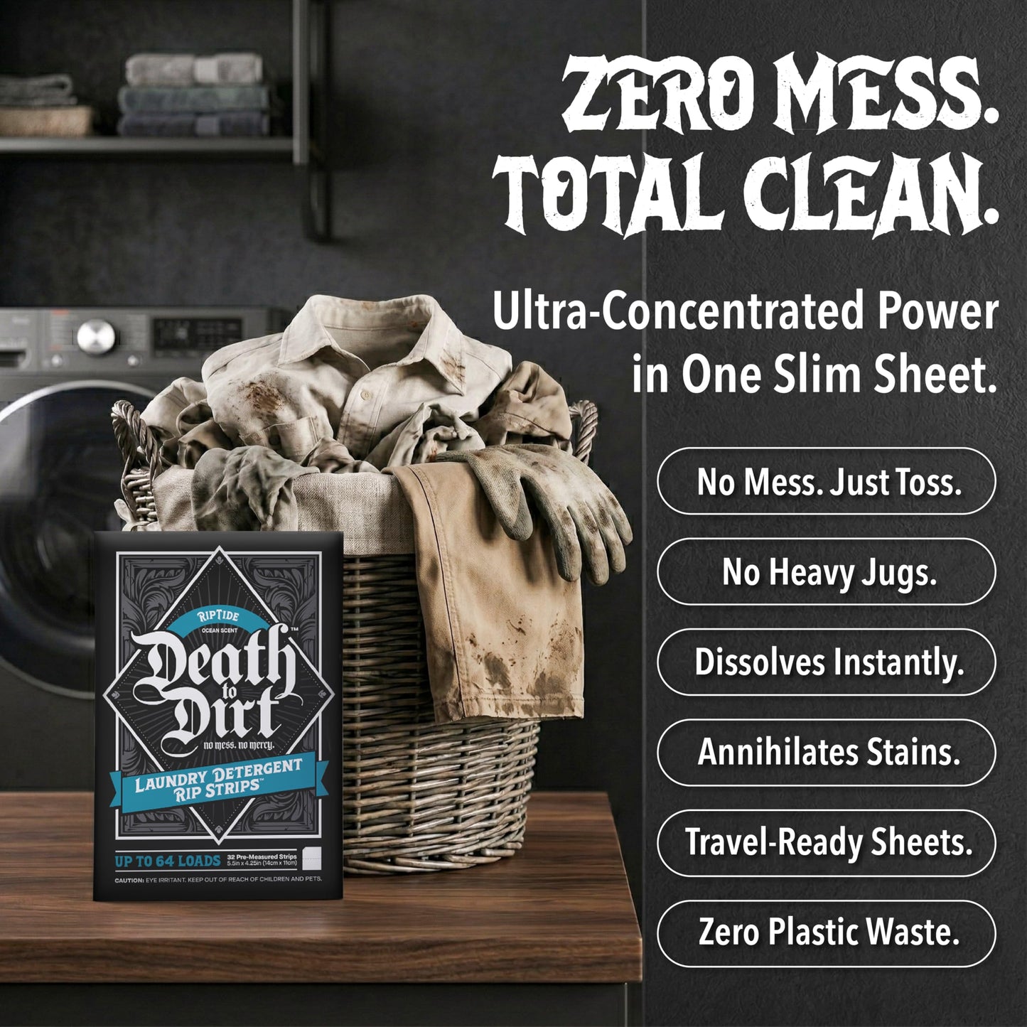 Death to Dirt Laundry Detergent Sheets, 64 Loads, Tough on Stains and Odors, Gentle on Skin and Fabric, Plant-Based & Eco-Friendly, RipTide Ocean