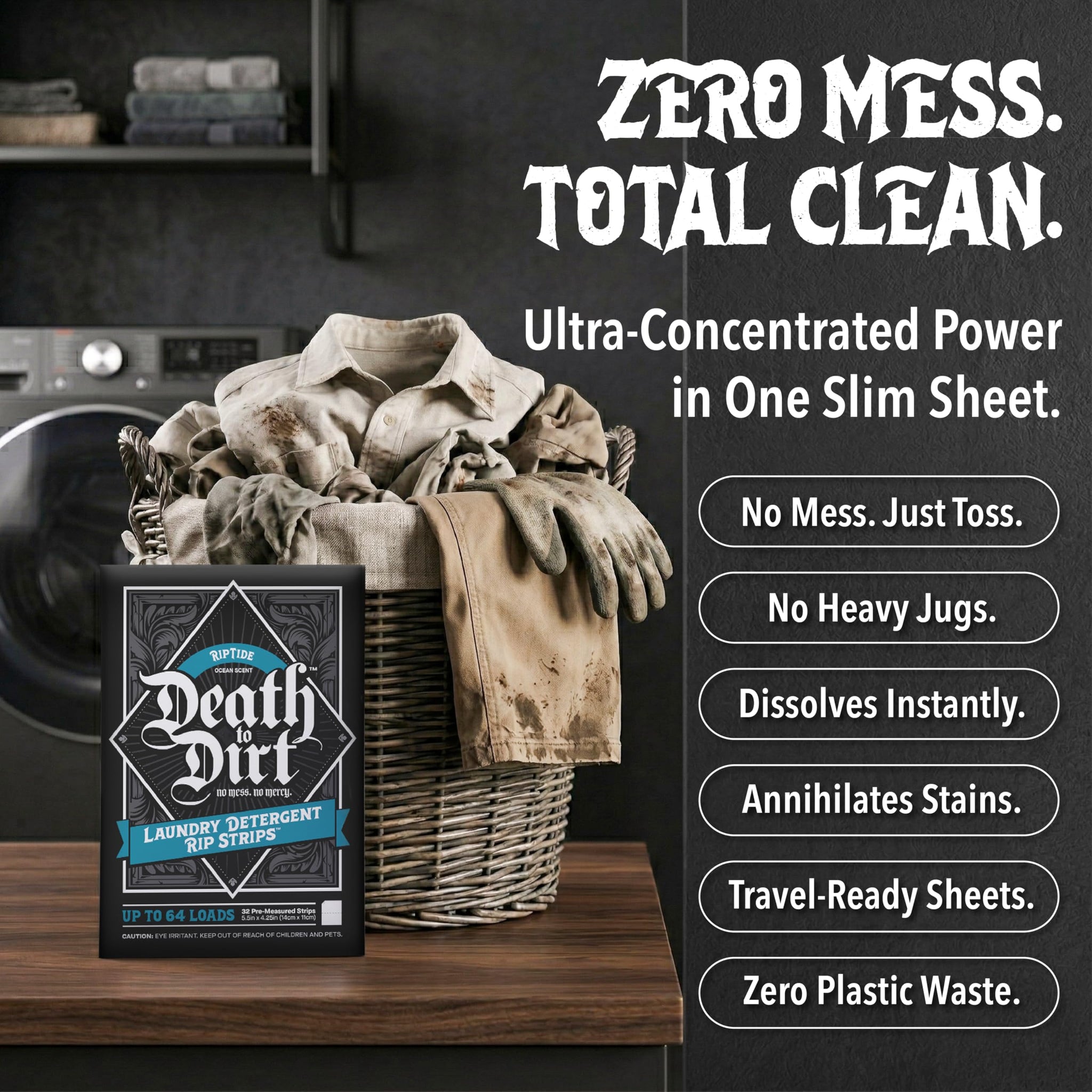 Death to Dirt Laundry Detergent Sheets, 64 Loads, Tough on Stains and Odors, Gentle on Skin and Fabric, Plant-Based & Eco-Friendly, RipTide Ocean