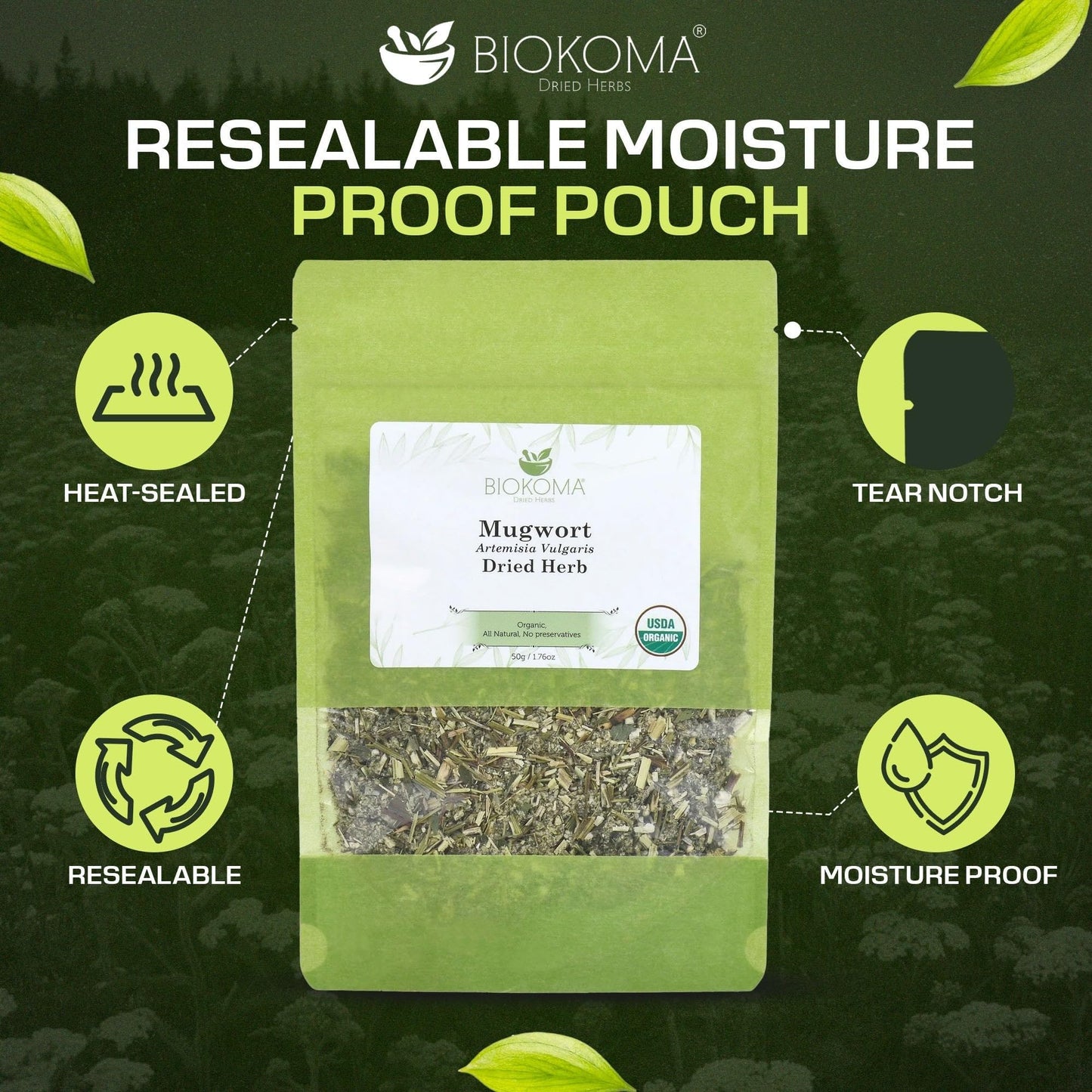 Biokoma Organic Mugwort Dried Herb 50g 1.76oz Artemisia vulgaris USDA Organic Herbal Tea Premium Cut Aromatic Leaves Lucid Dreaming Bath Resealable