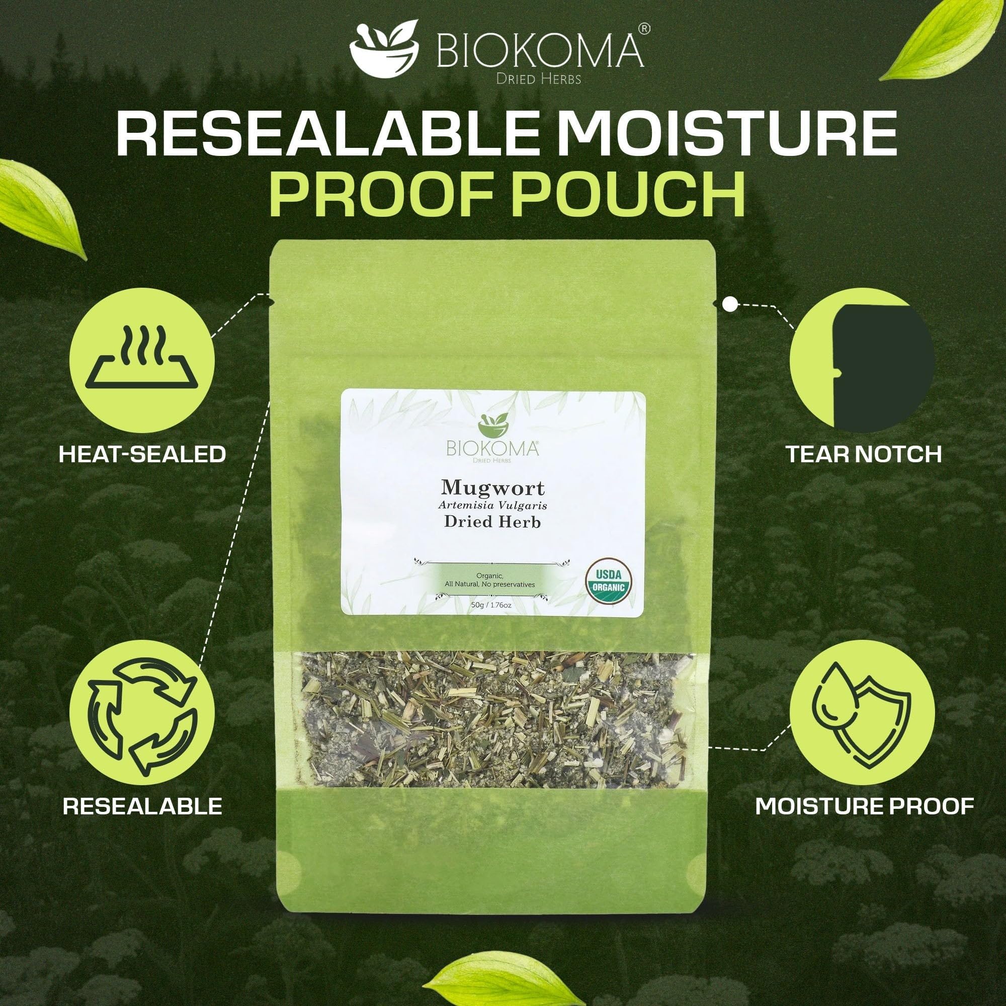 Biokoma Organic Mugwort Dried Herb 50g 1.76oz Artemisia vulgaris USDA Organic Herbal Tea Premium Cut Aromatic Leaves Lucid Dreaming Bath Resealable
