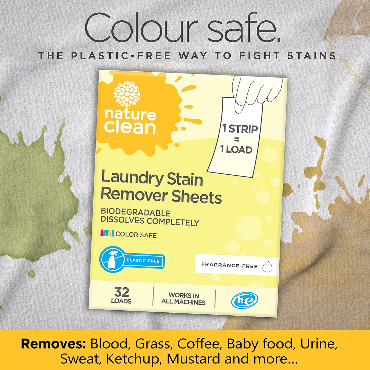 Nature Clean Natural Stain Remover for Clothes Laundry Strips Unscented 32 Count, Non-Toxic Advanced Stain Remover Treater Laundry Sheets